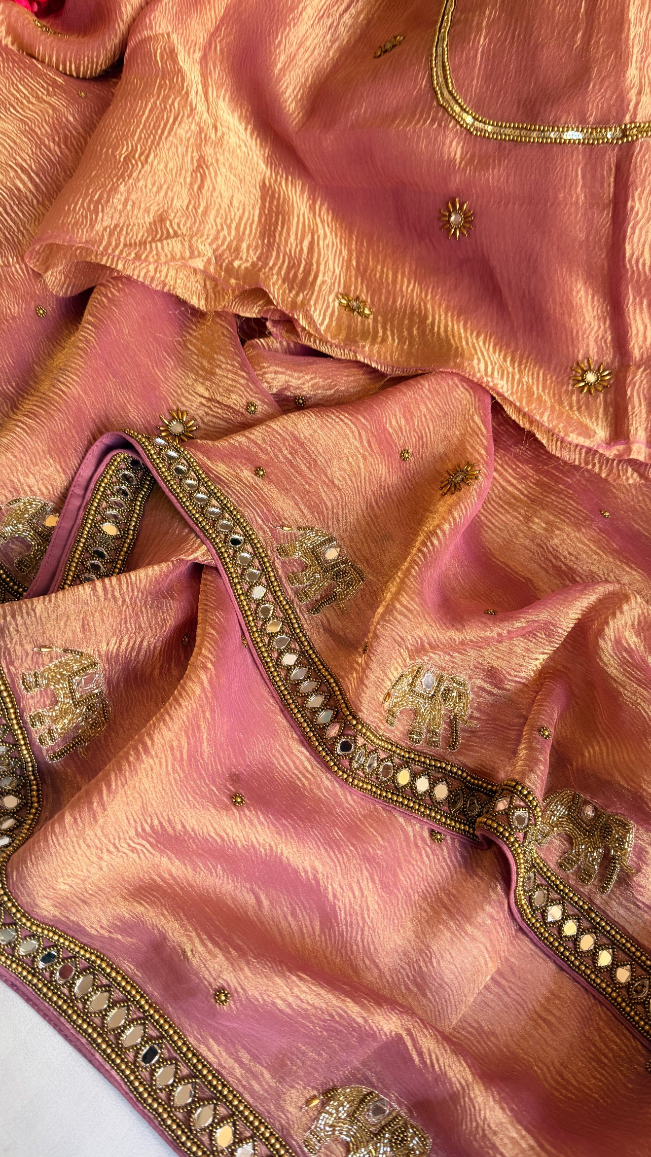 Mirrorwork edit blush pink crushed tissue silk hand embroidered saree
