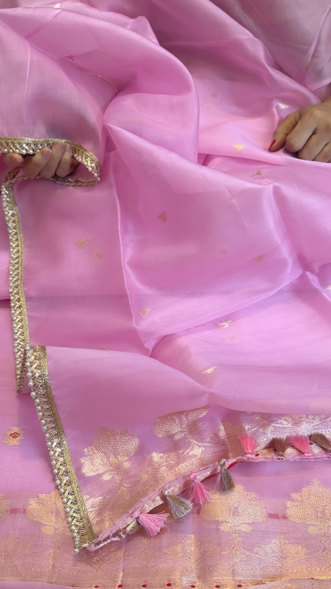 Banarasi blush pink kora silk kadhwa suit set