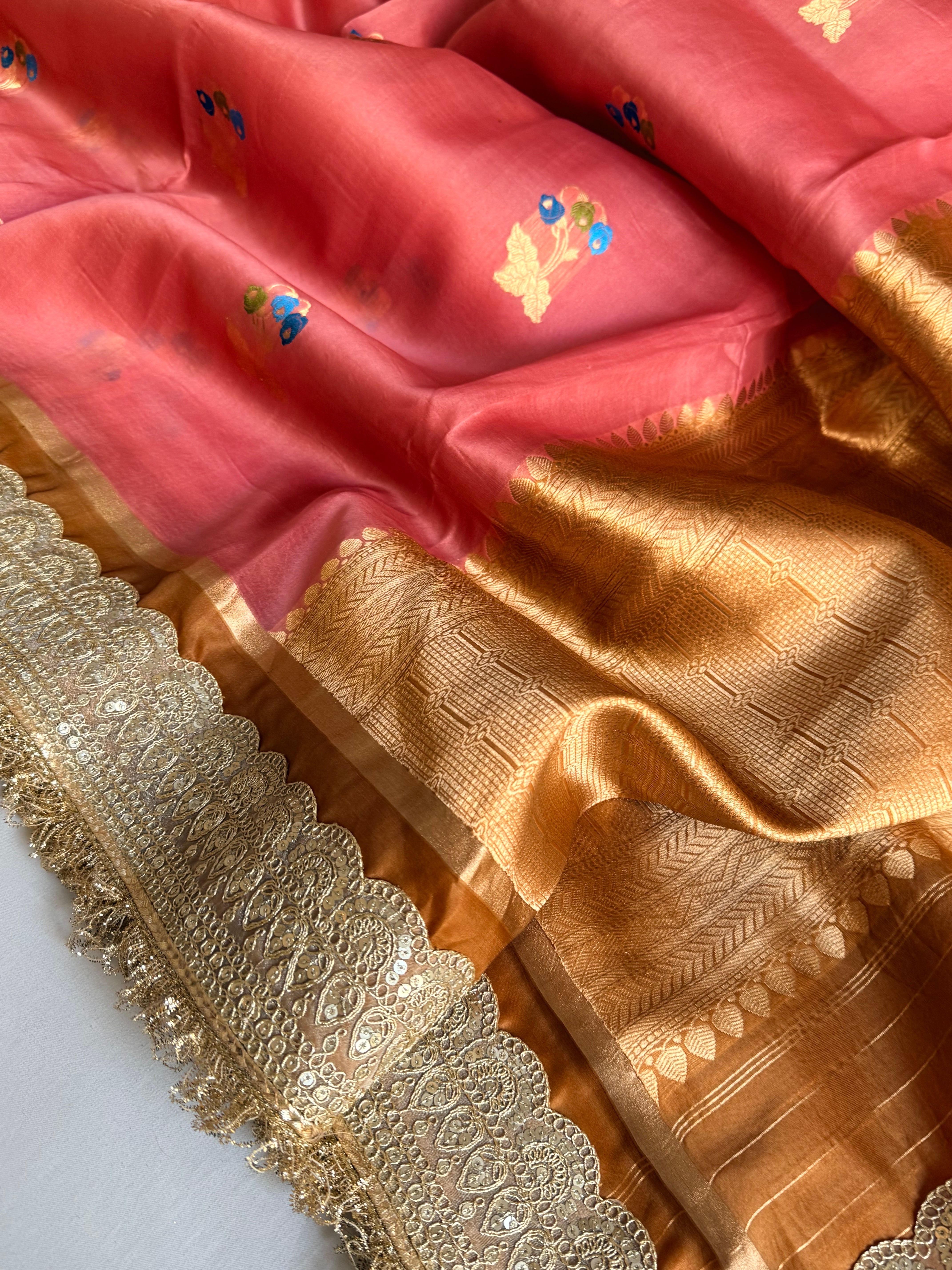 Banarasi leela brick peach-orange kora silk kadhwa saree
