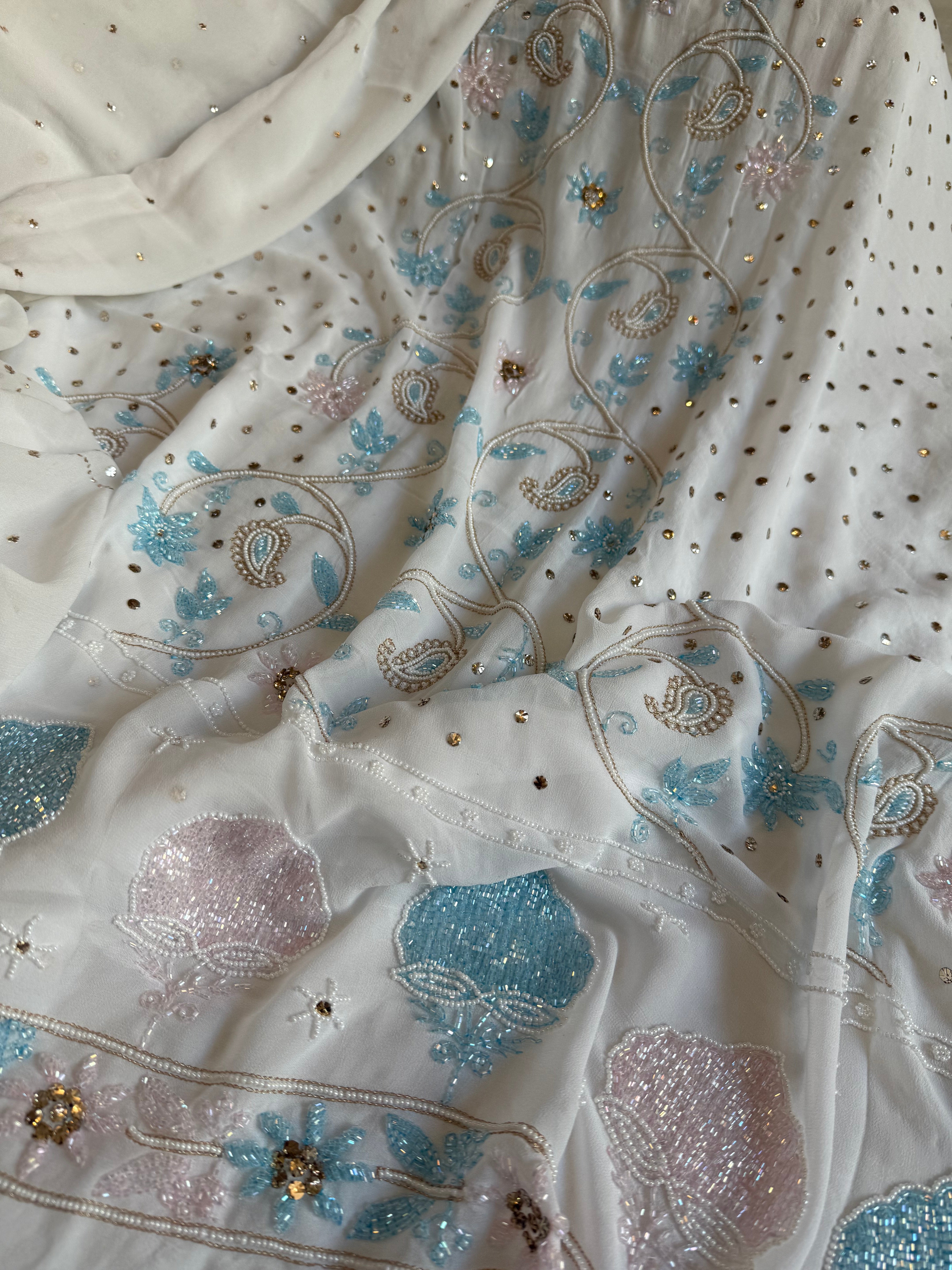 Banarasi gorgette mukaish and pearlwork hand embroidered kadhwa suits