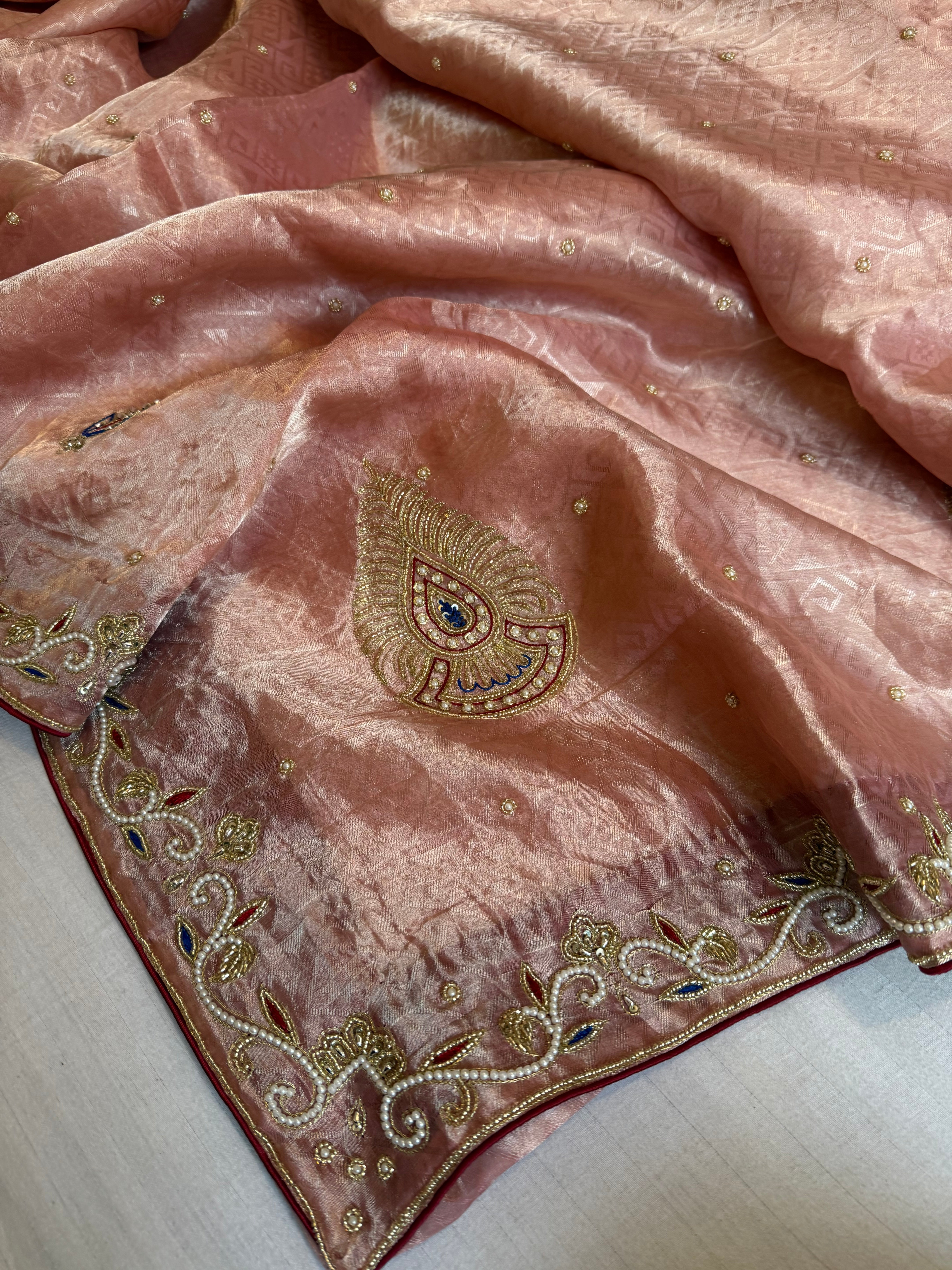 Pakeezah edit 2.0 - Gajri shade zardozi hand embroidered tissue silk kadhwa saree