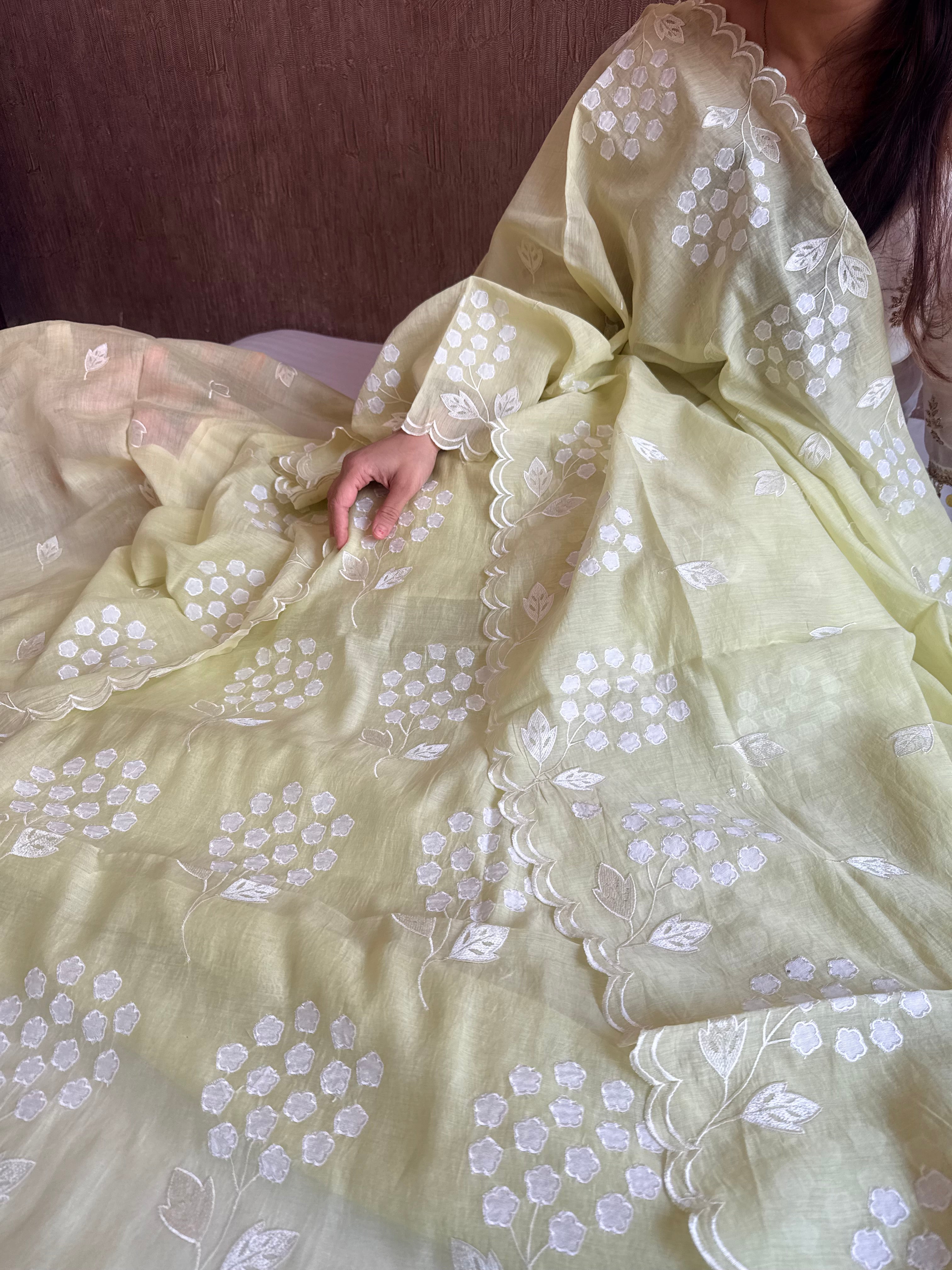 Alia bhatt inspired blush lime green mulmul appliqué work suit set