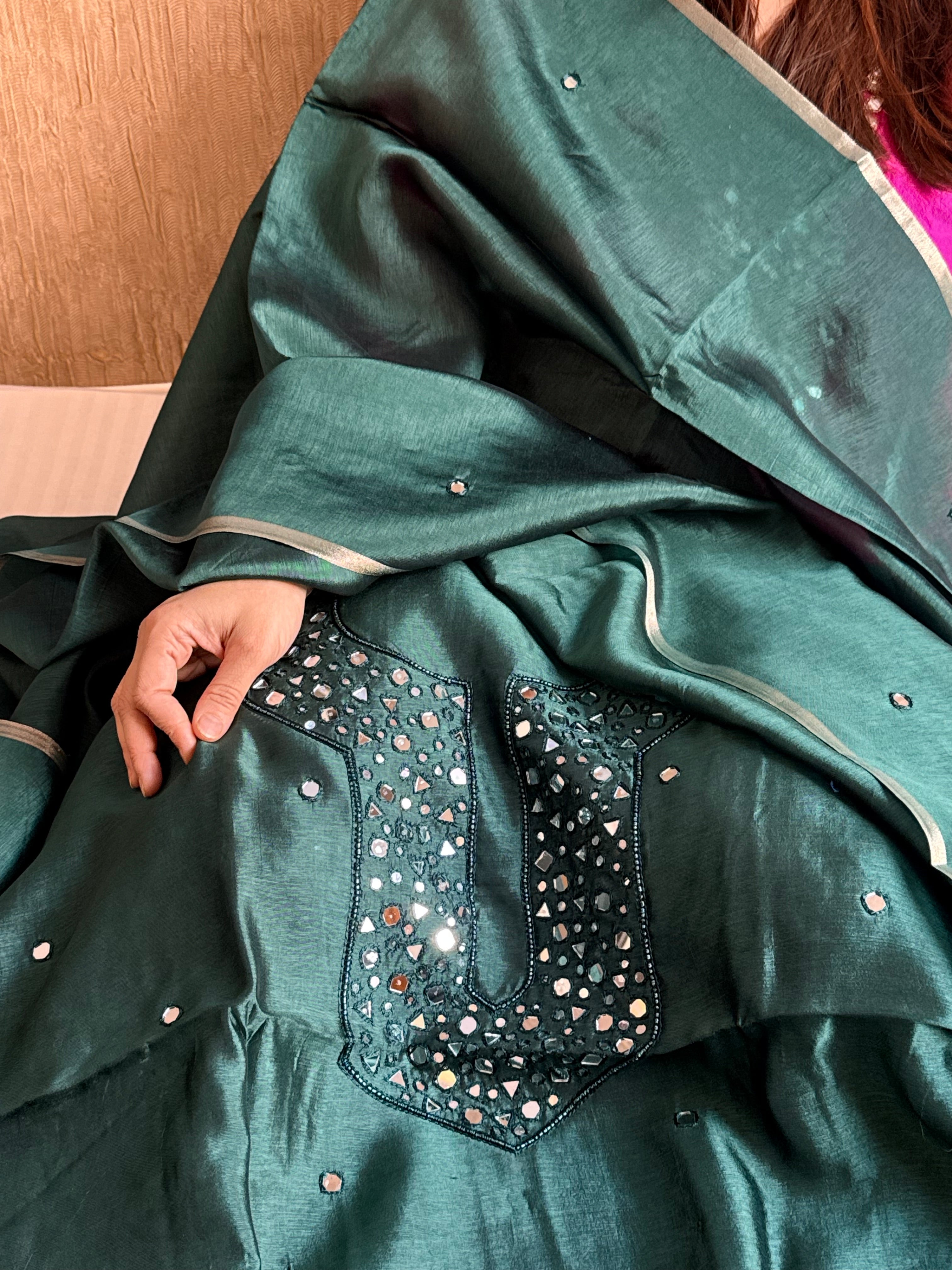 Spun chiniya silk mirror work hand embroidered banarasi suit set