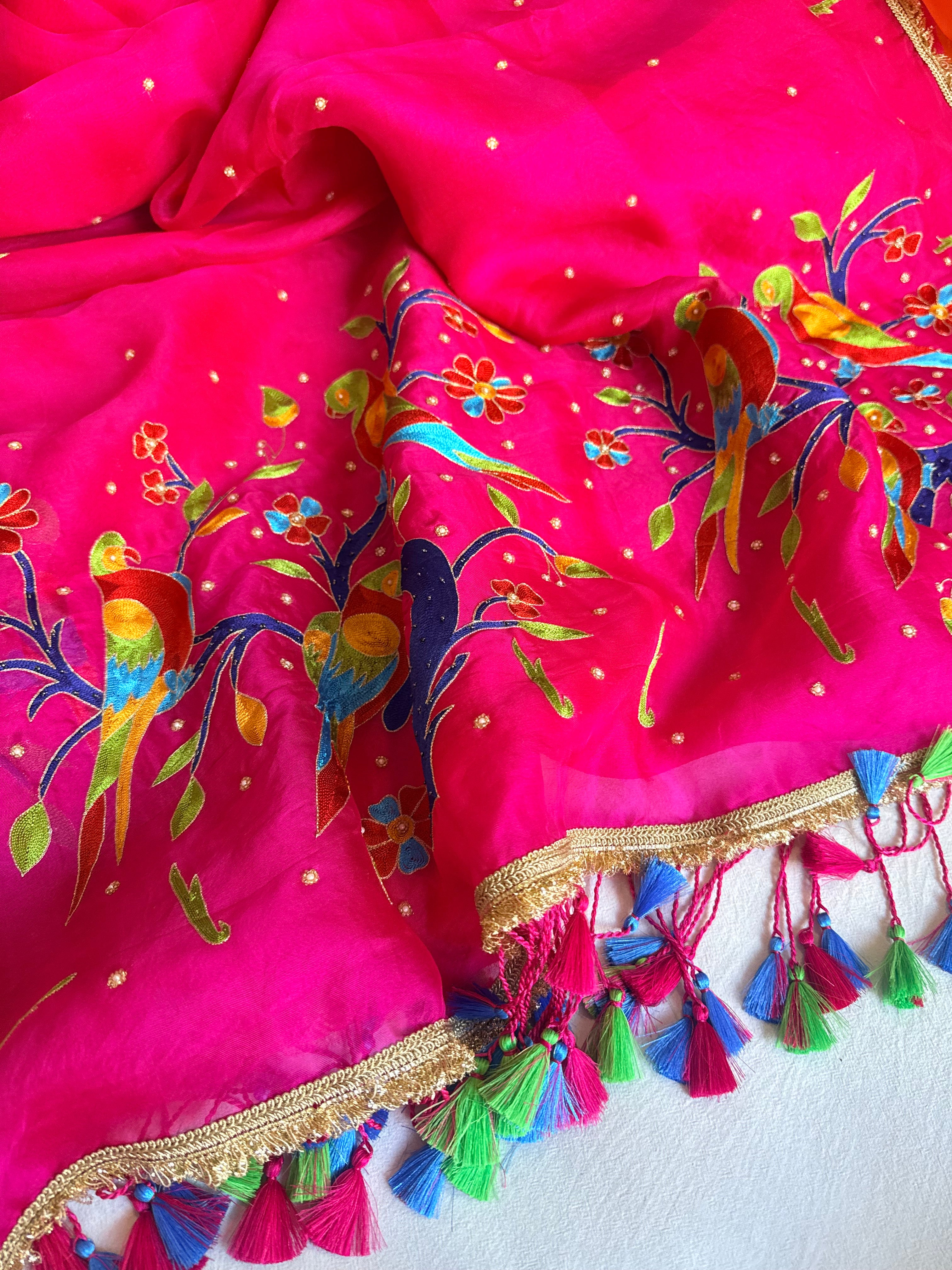 Rani pink kora silk paithani weaving hand embroidered kadhwa saree