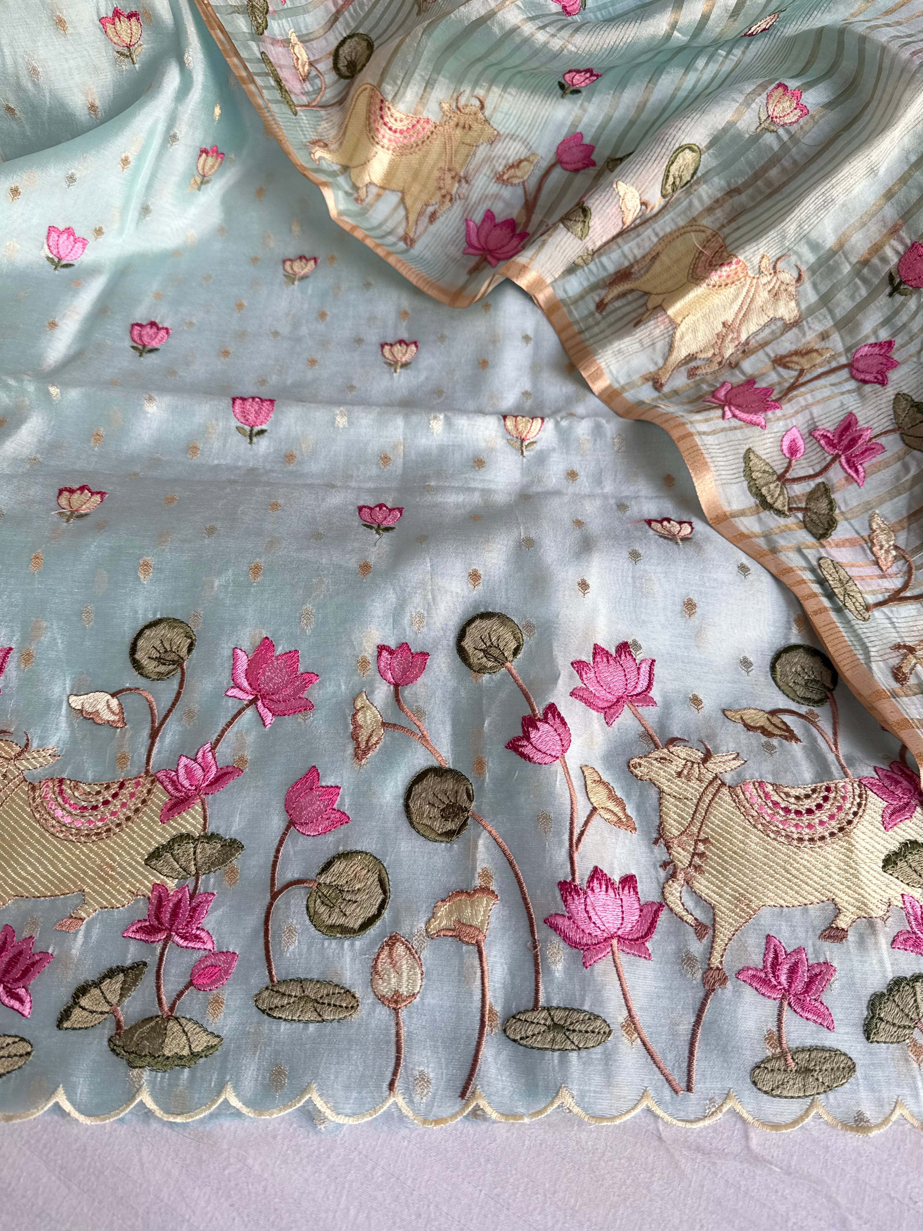 Suits under 10k - Spun chiniya silk parsi gara hand embroidered suit set