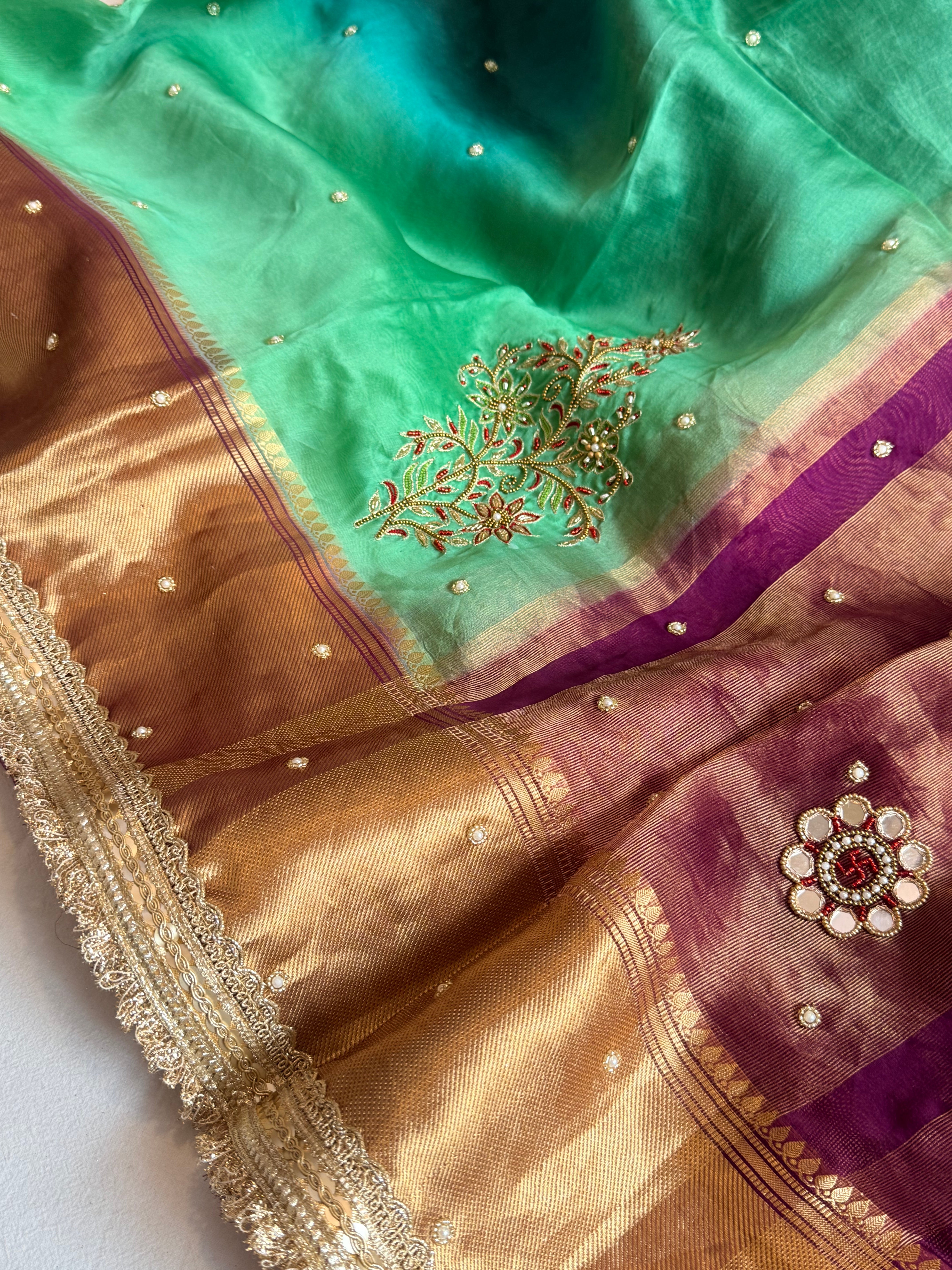 Husn ganga jamuna contrast border kora silk hand embroidered saree