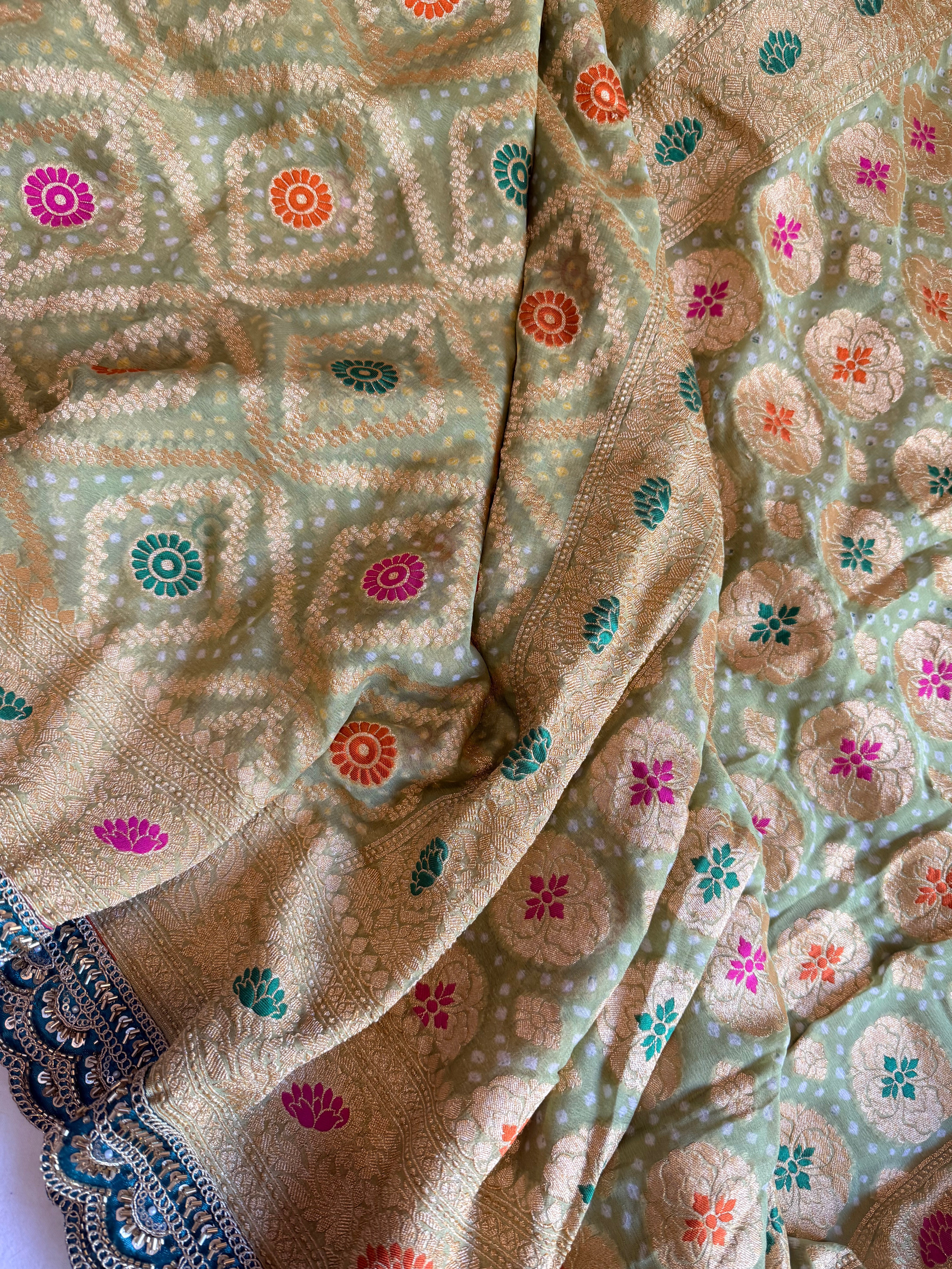Banarasi blush shades of chiffon rai bandhej mirror work gotapatti saree