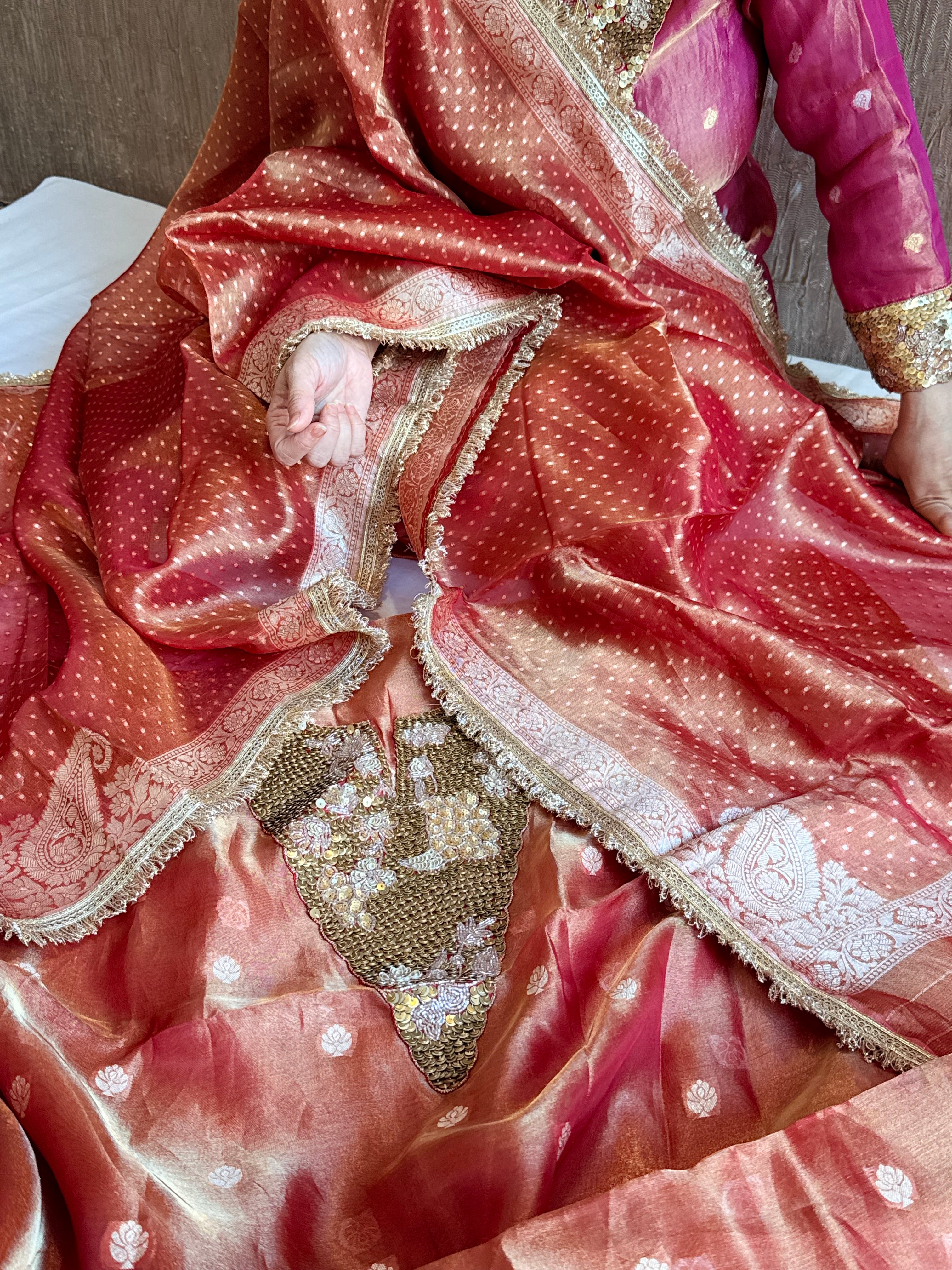Karwachauth edit tissue silk sequins work hand embroidered suits