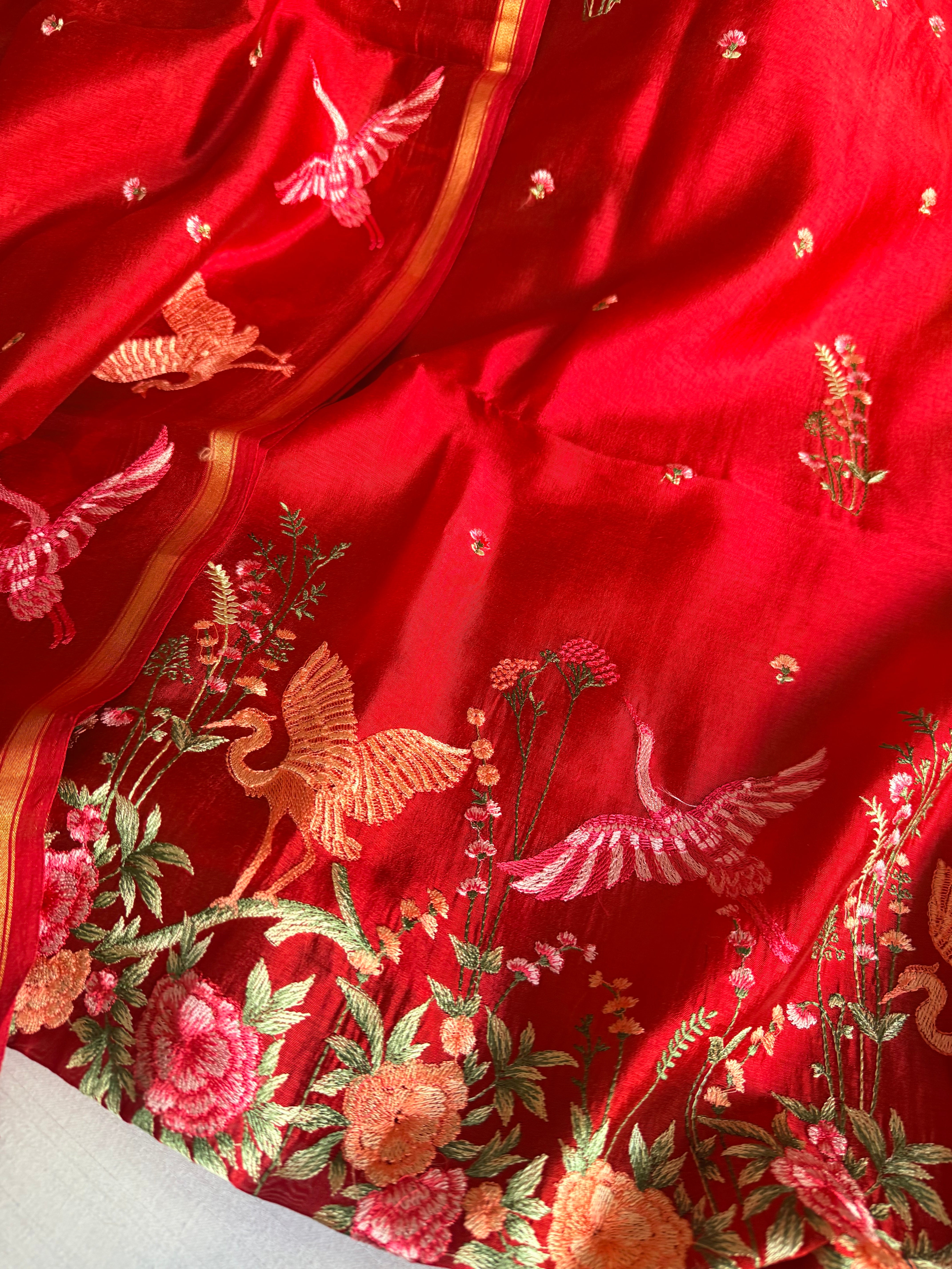 Suits under 10k - Spun chiniya silk parsi gara hand embroidered suit set