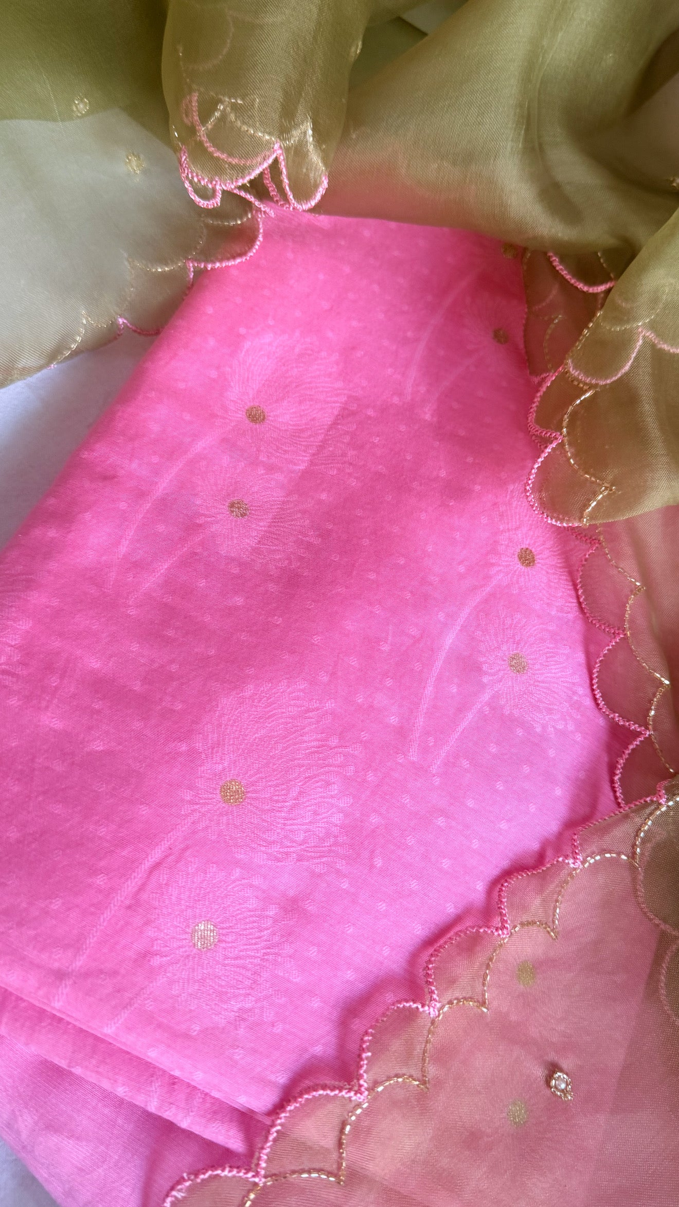 Summer suits under 8k - Mul cotton pink kurta paired with kora silk scalloped green duppata set