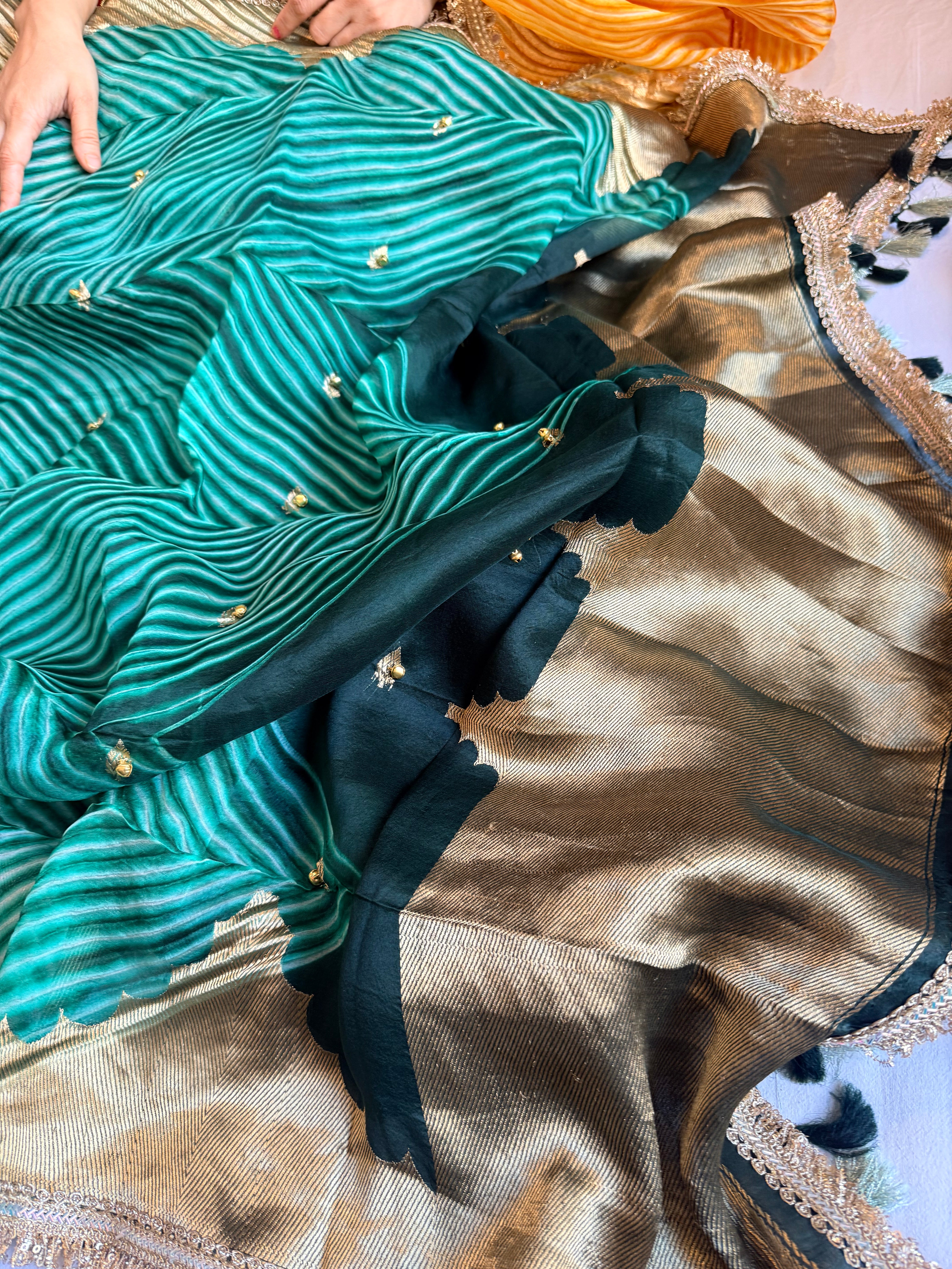 Bottle green banarasi kora silk arshi dyed kadhwa saree