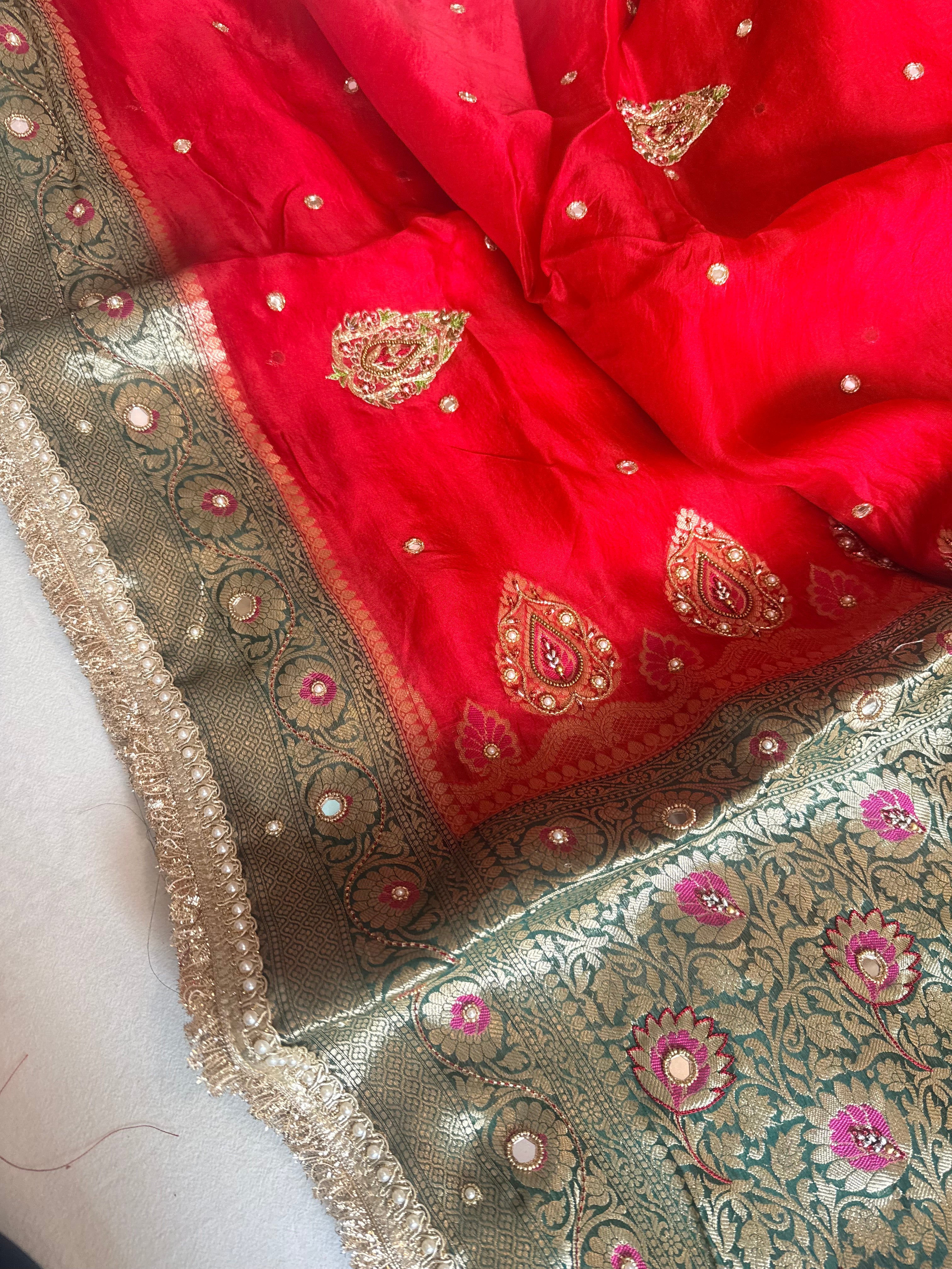 Husn ganga jamuna contrast border kora silk hand embroidered saree
