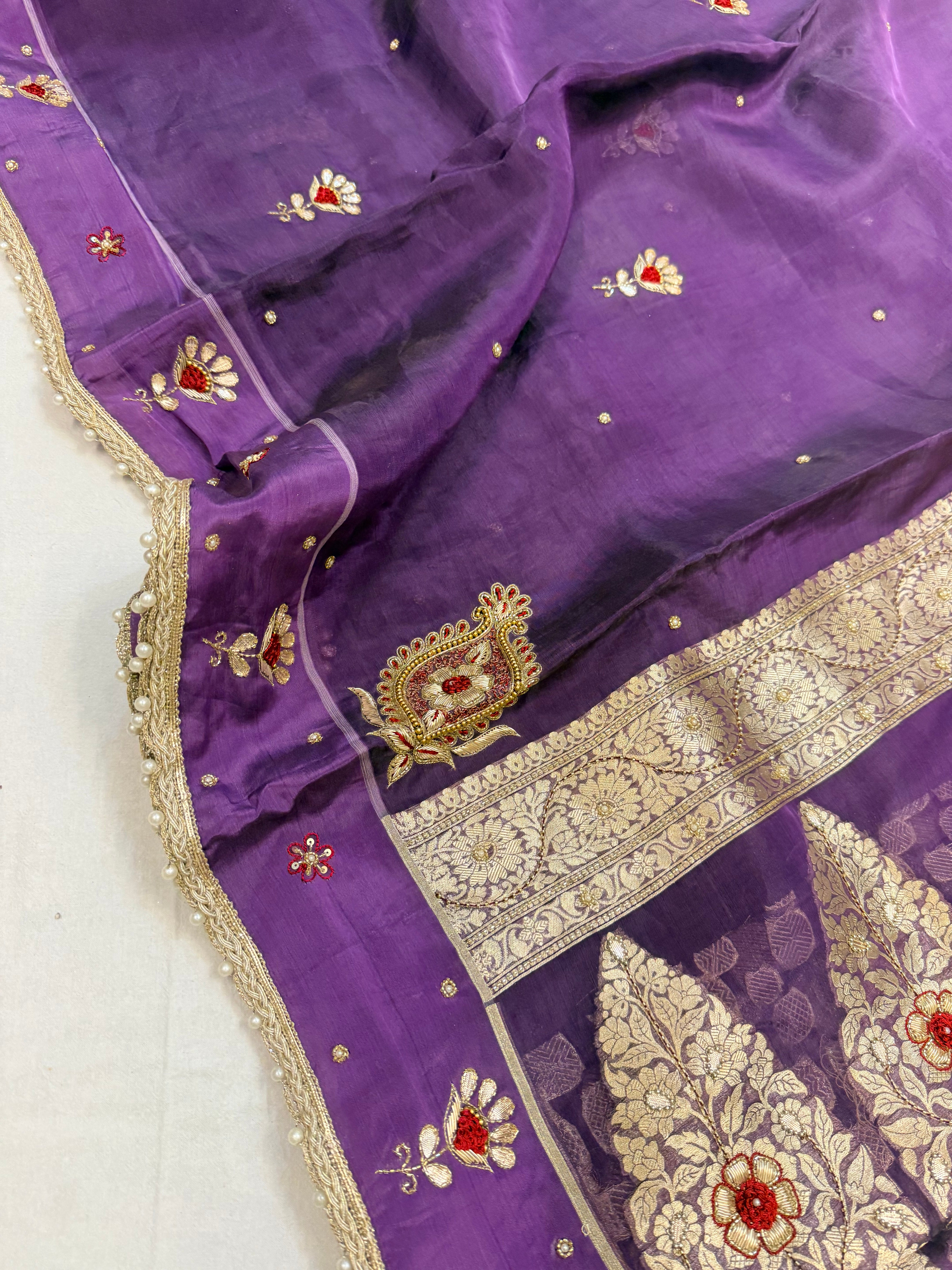 Brinjal purple tissue silk hand embroidered kadhwa saree