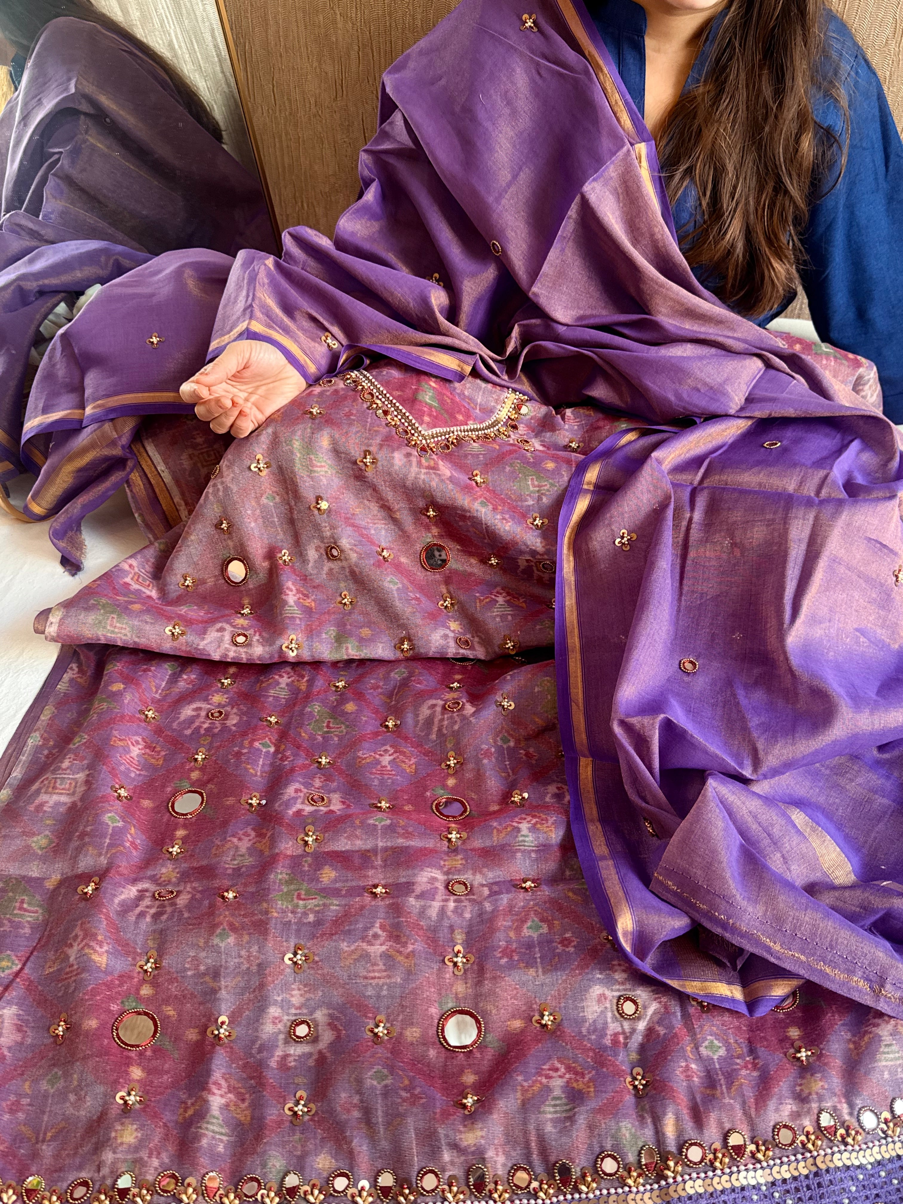 Patola weaving hand embroidered mul cotton tissue suit sets