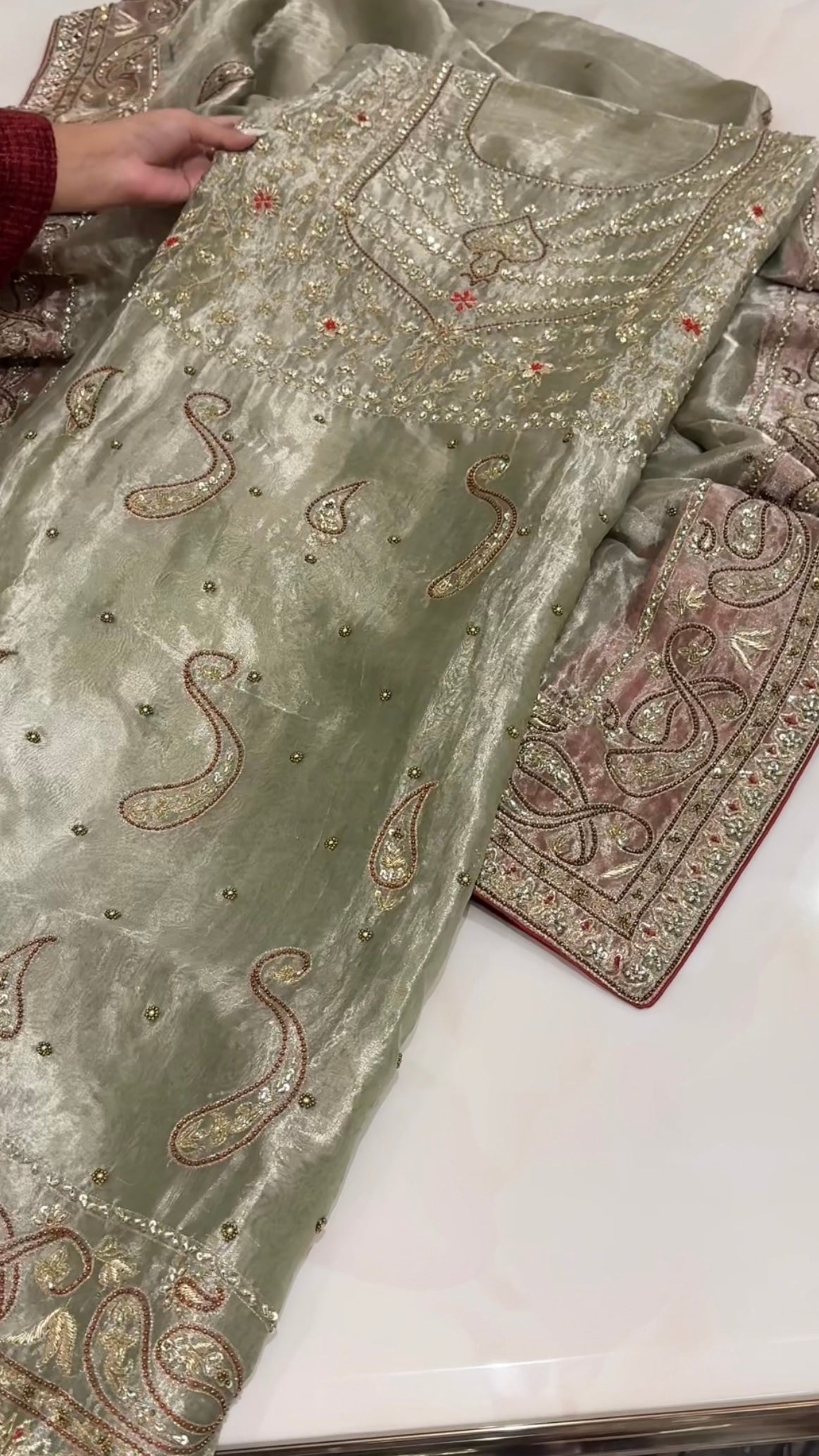 Umrao jaan inspired mint-red tissue silk hand embroidered kadhwa suit set