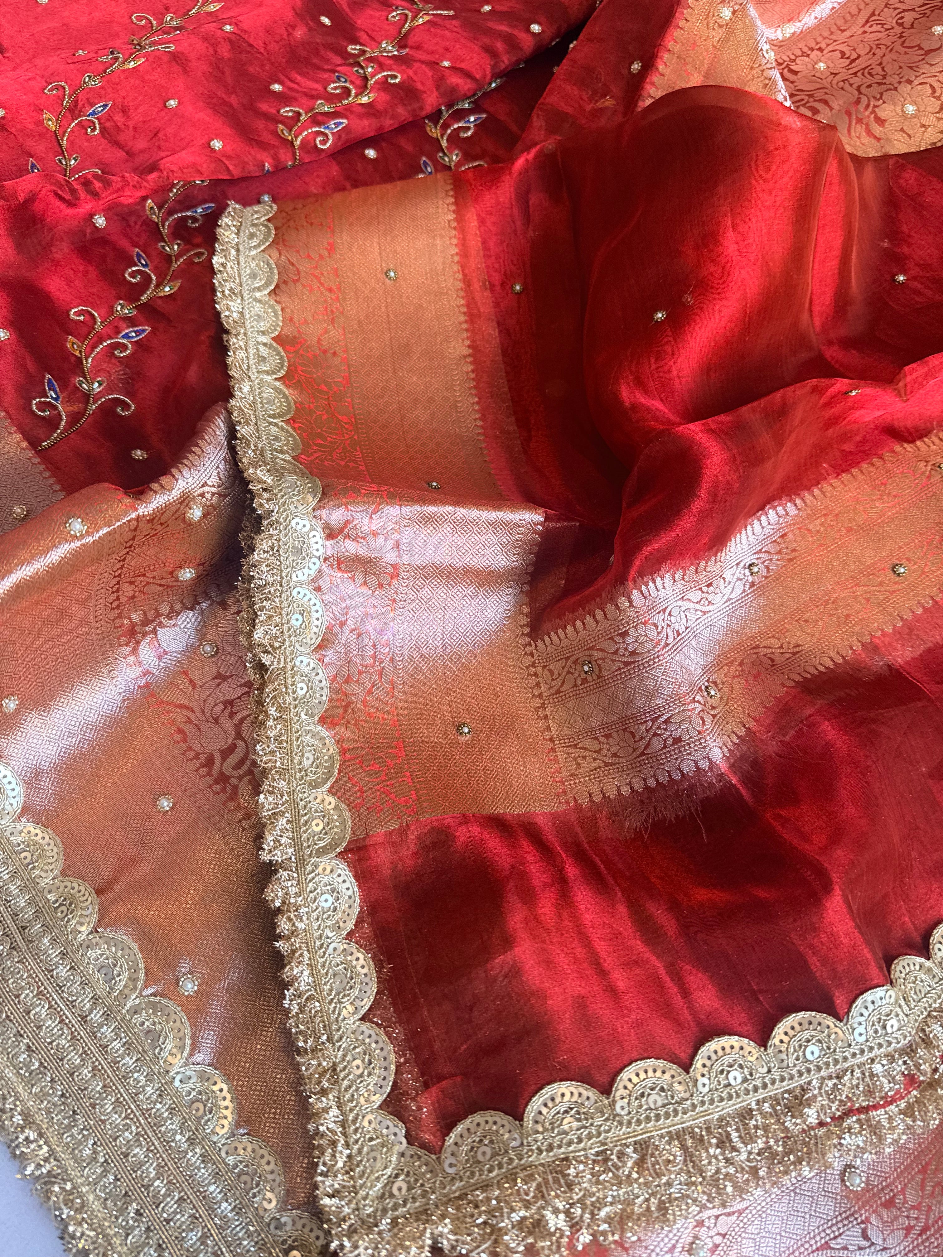 Maharani chand buta kadhwa tissue silk hand embroidered saree duppata set