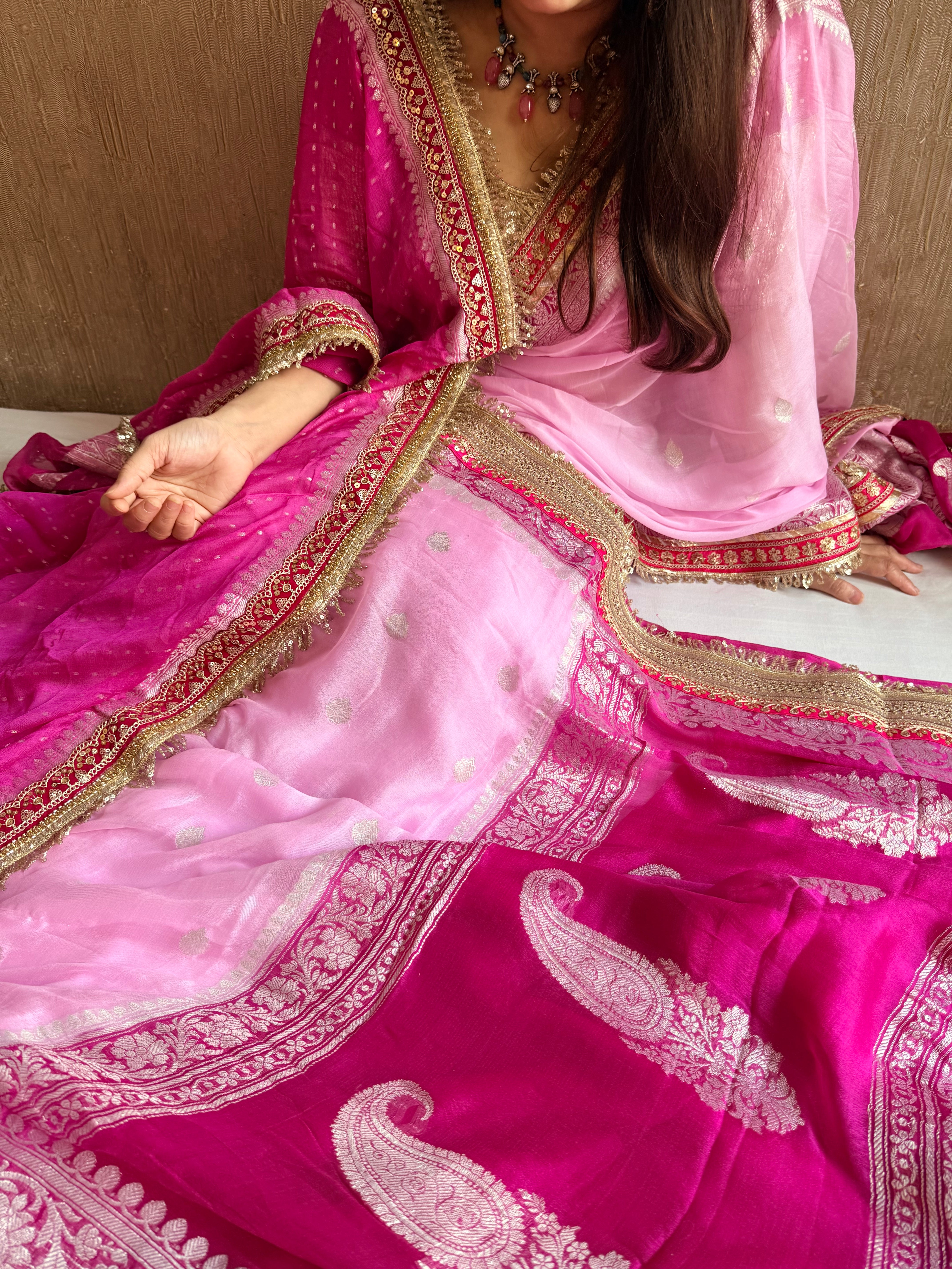 Sridevi edit - Chiffon banarasi gorgette chap dye kadhwa saree duppata set