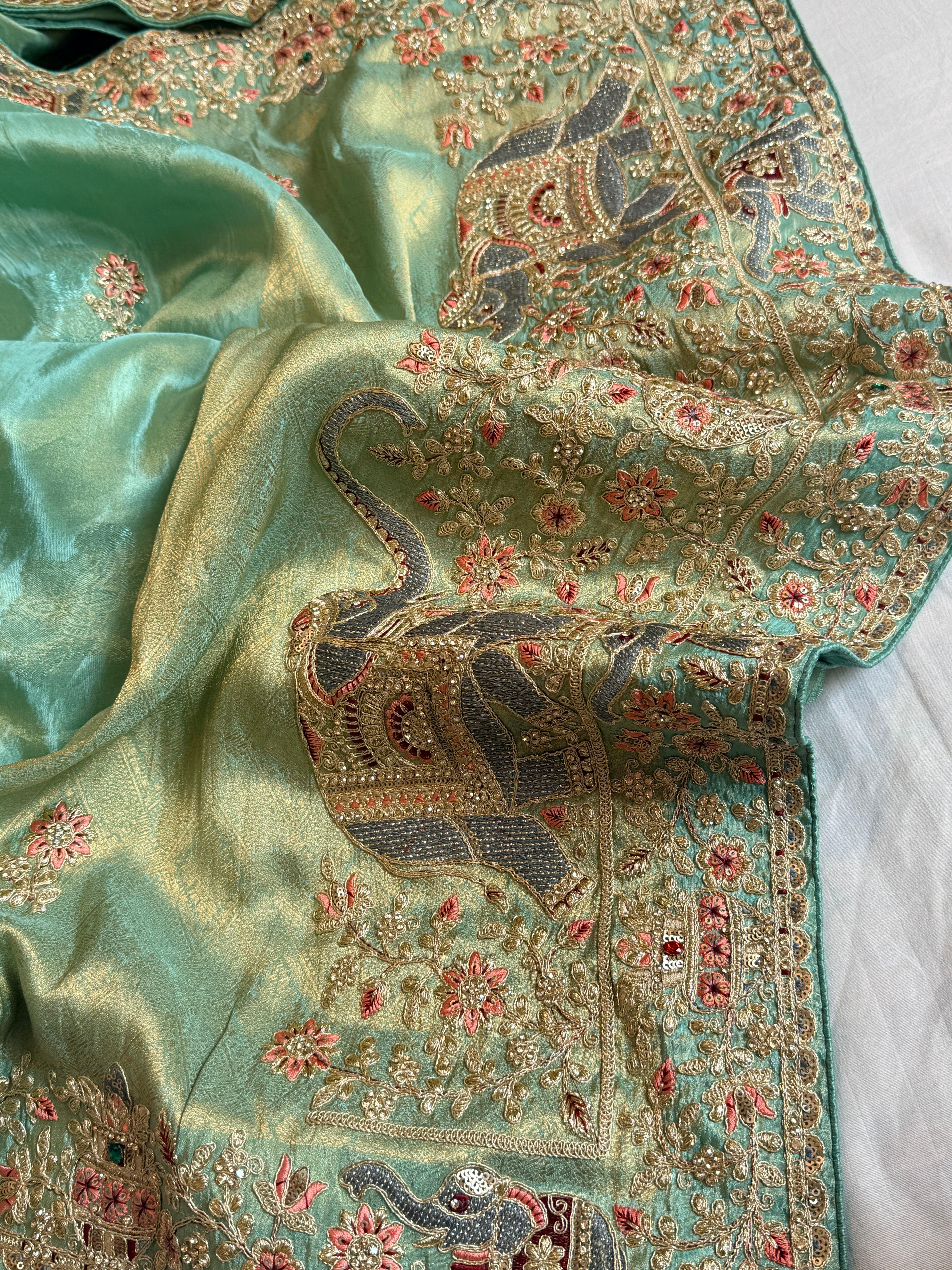 Sea blue hathi wali crepe tissue embroidered saree