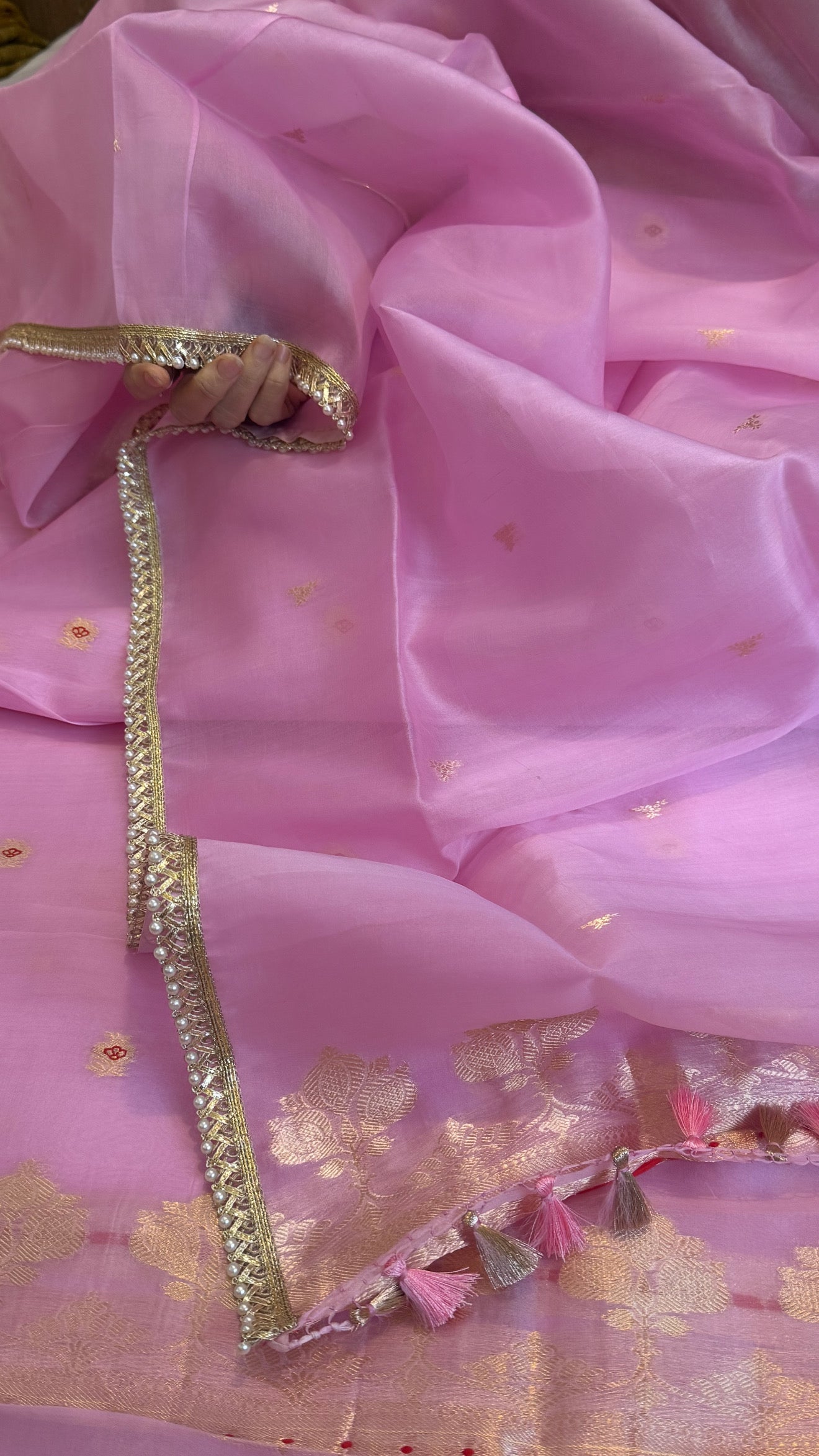 Banarasi blush pink kora silk kadhwa suit set