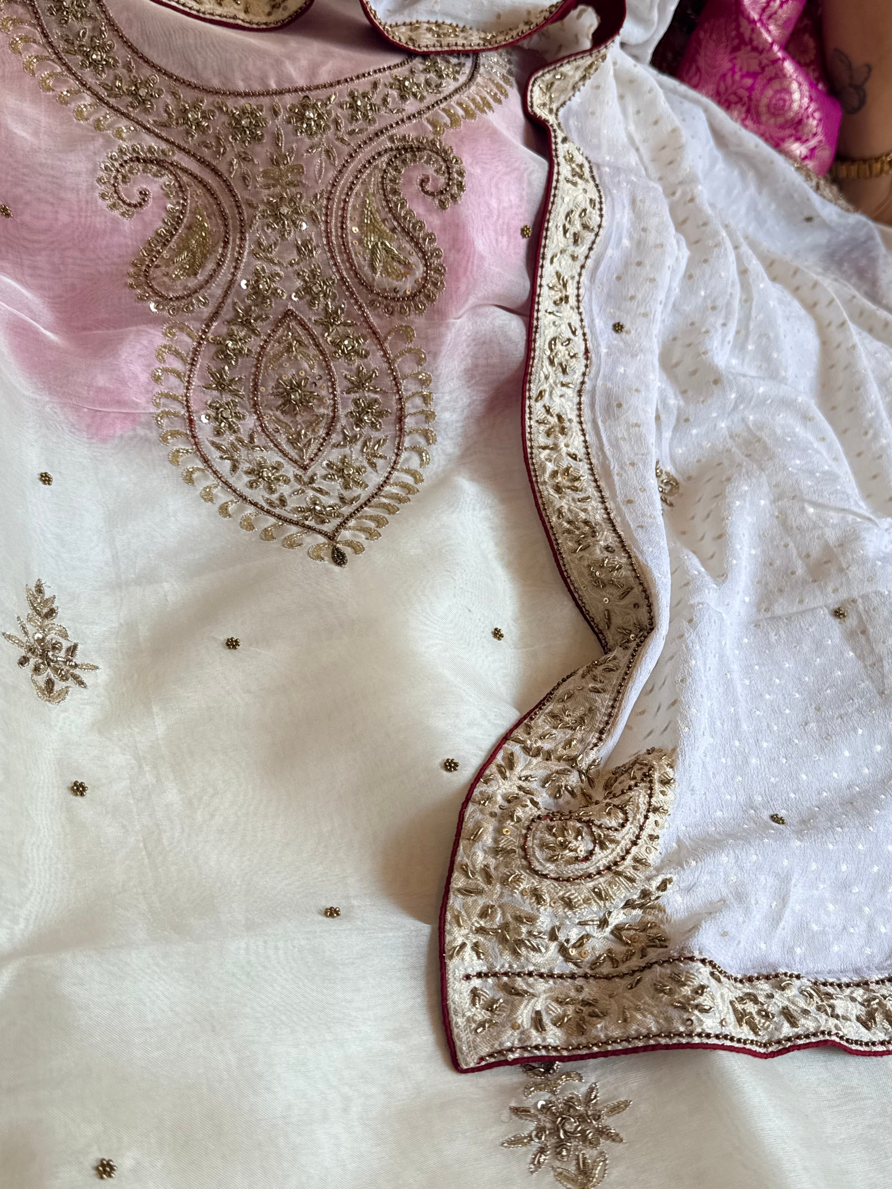 Swan white kora organza silk hand embroidery suit set