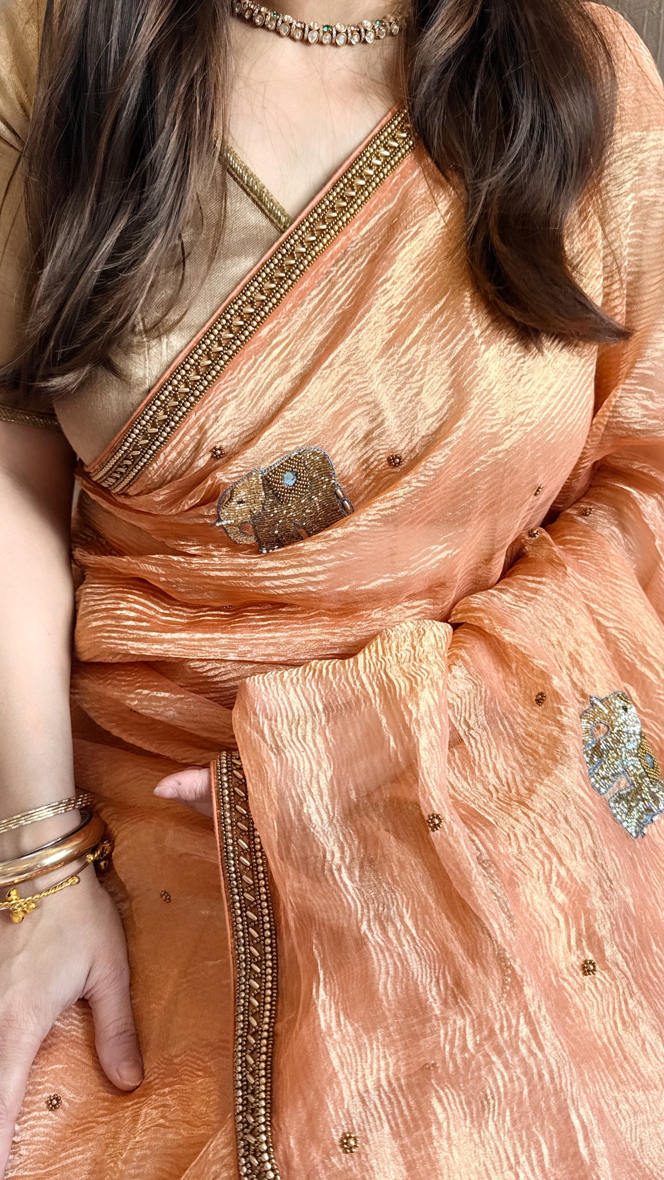 Mirrorwork edit gajri peach crushed tissue silk hand embroidered saree