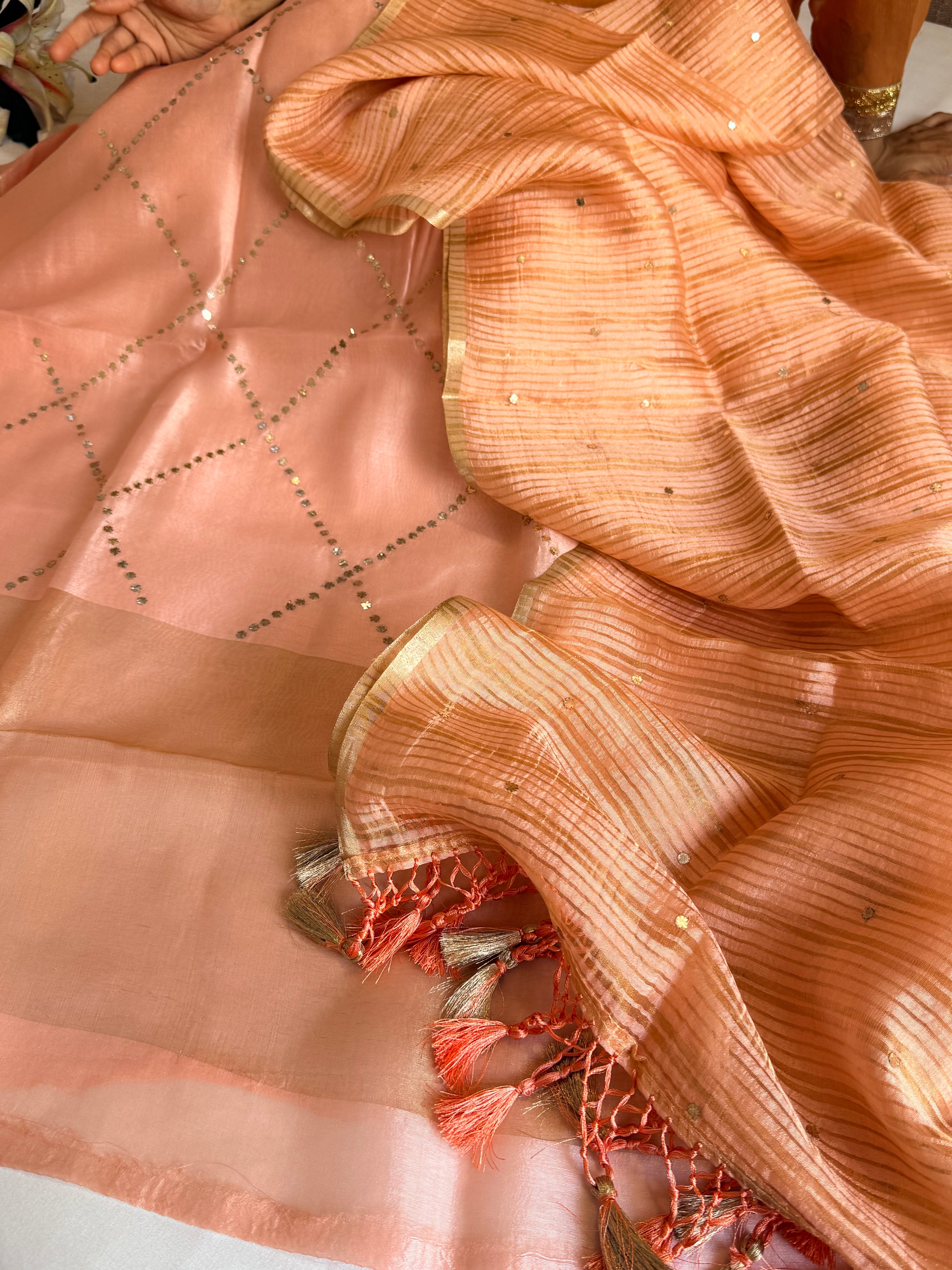 Summer suit edit - Spun chiniya silk mukaish work peach shade hand embroidered suit set