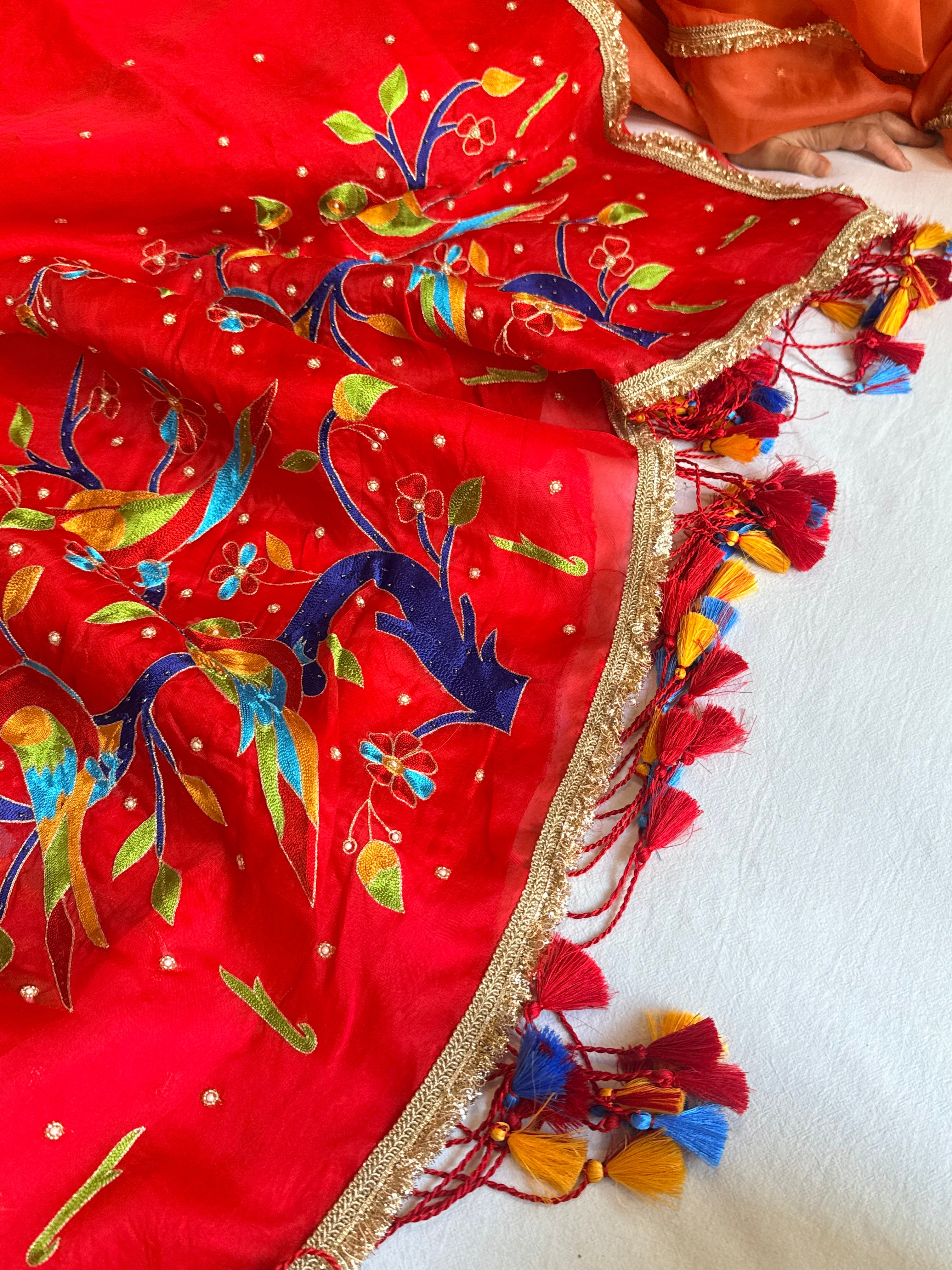 Blood red kora silk paithani weaving hand embroidered kadhwa saree