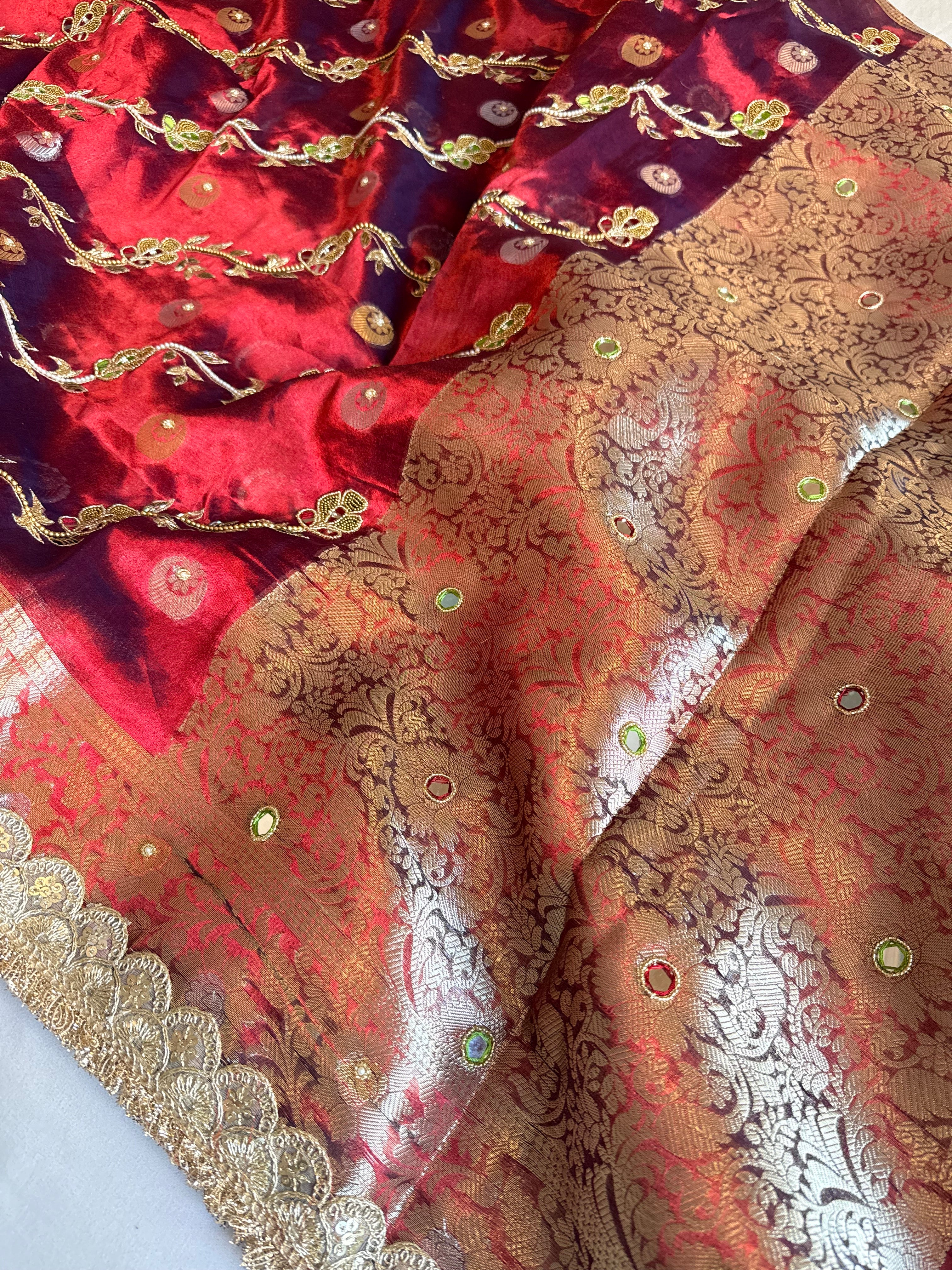 Maharani chand buta kadhwa tissue silk hand embroidered saree duppata set