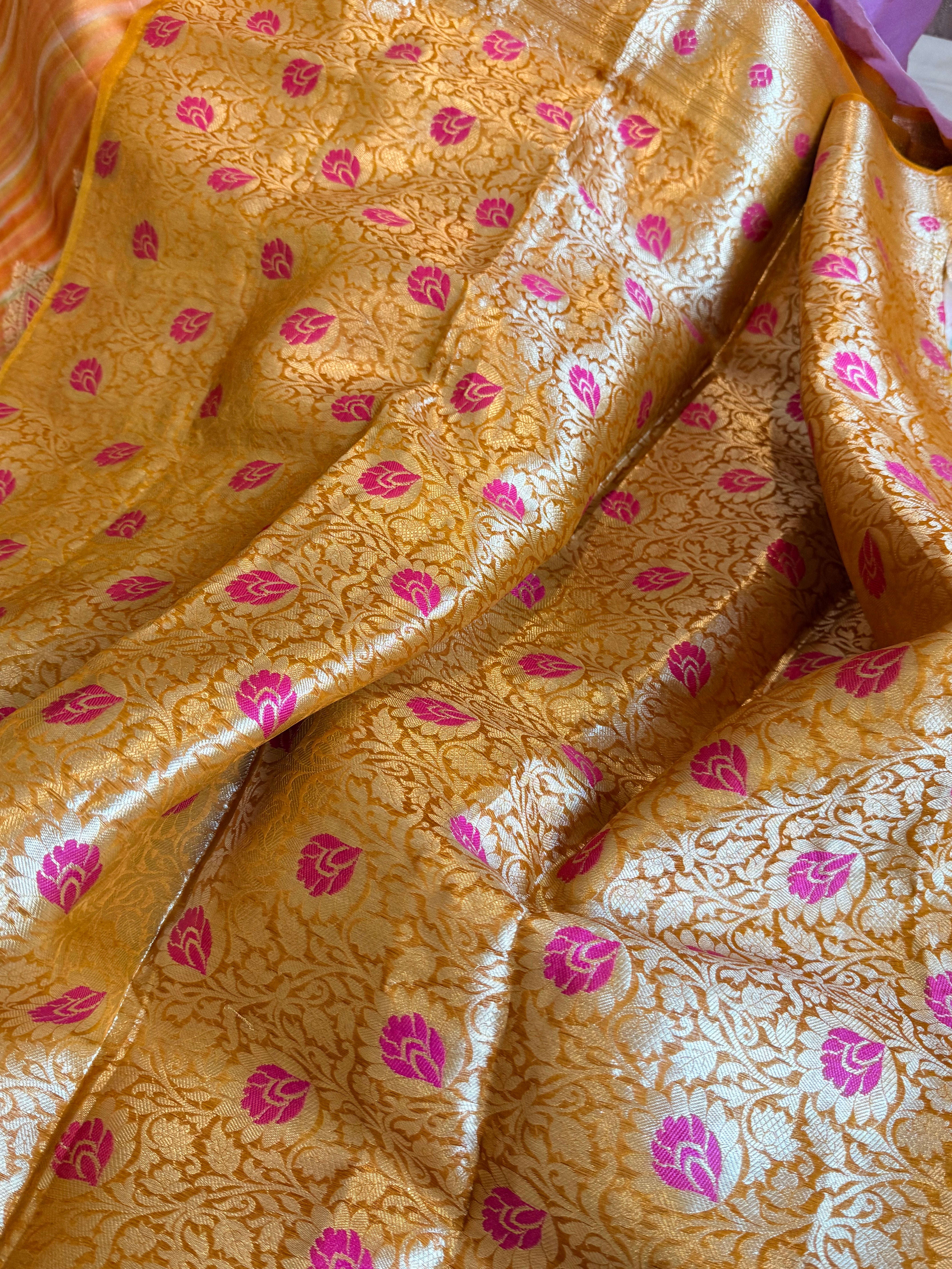 Peachy orange kora silk rainbow dyed meenakari saree