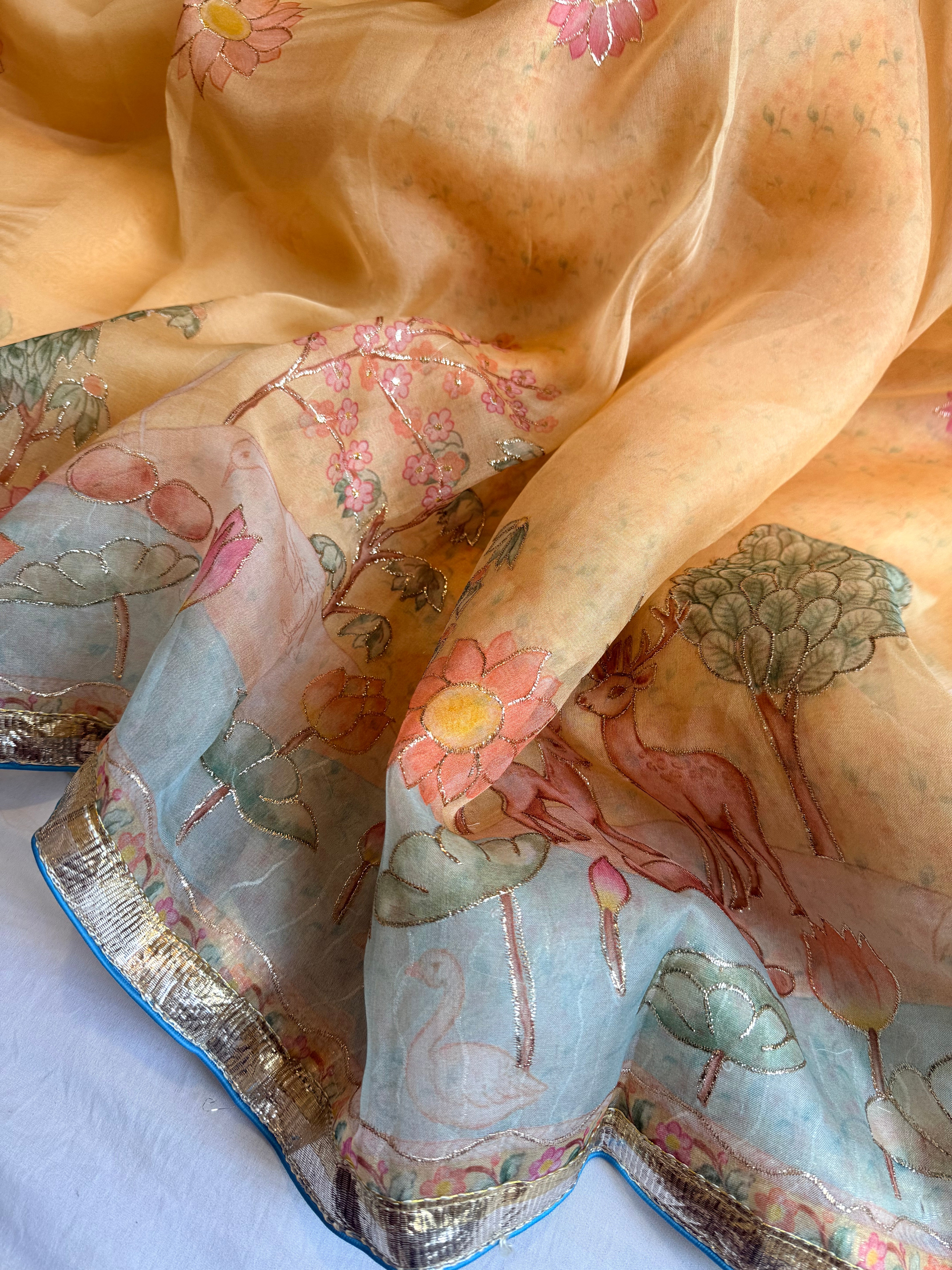 Kora silk printed lampi gotapatti hand embroidered saree