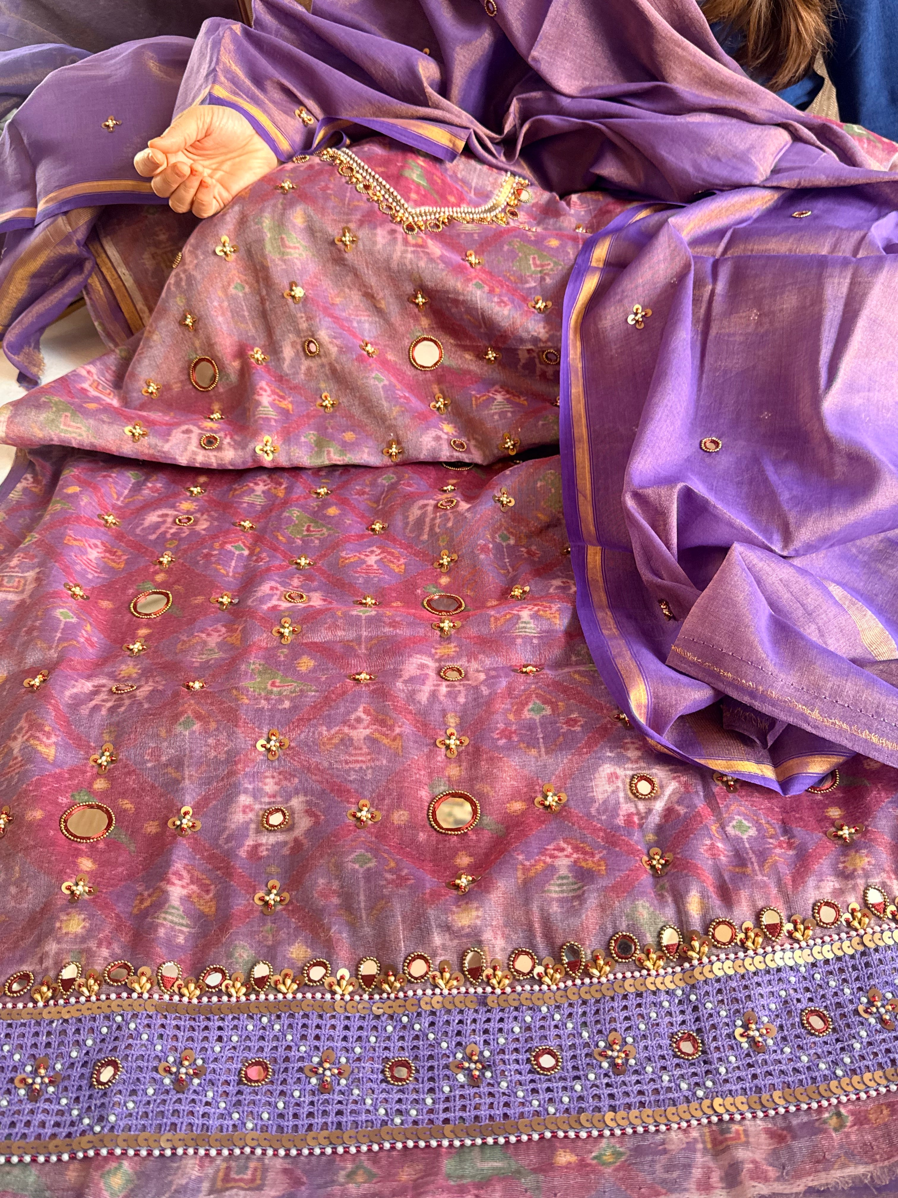 Patola weaving hand embroidered mul cotton tissue suit sets