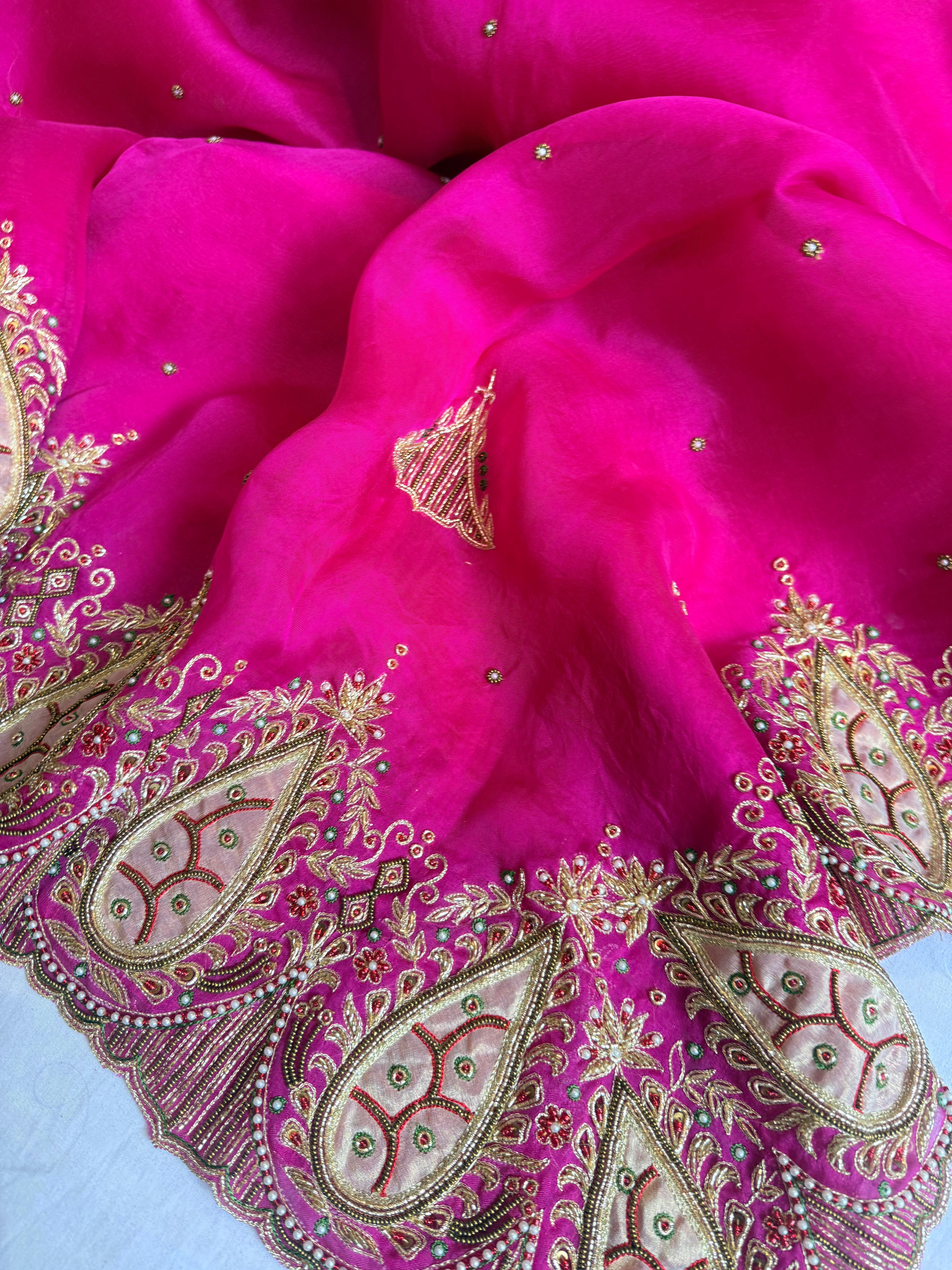 Gulab genda edit - Banarasi Kora silk hot pink hand embroidered saree