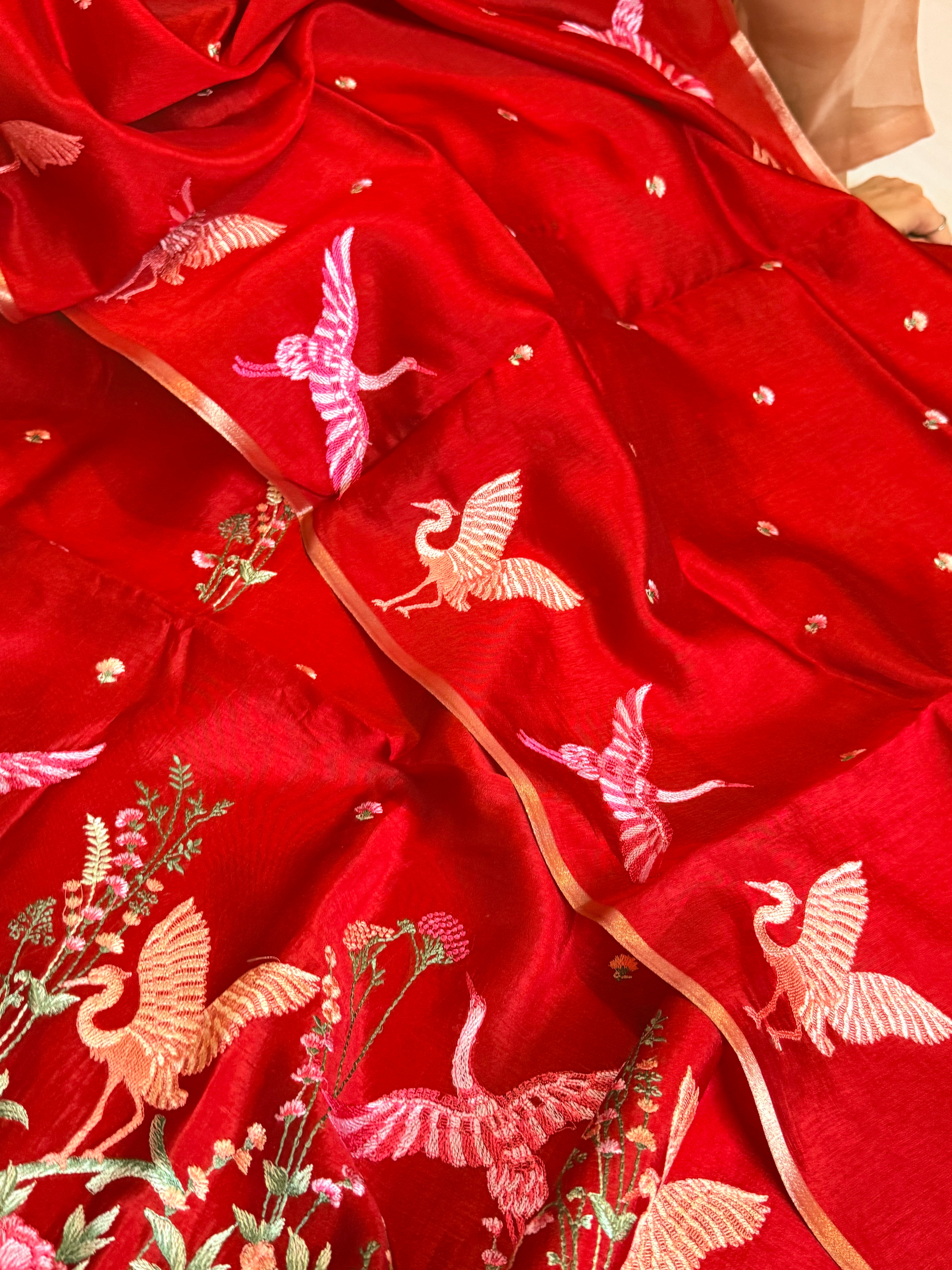 BELOW 8K - Parsi gara blood red resham work banarasi chiniya silk kadhwa suit sets