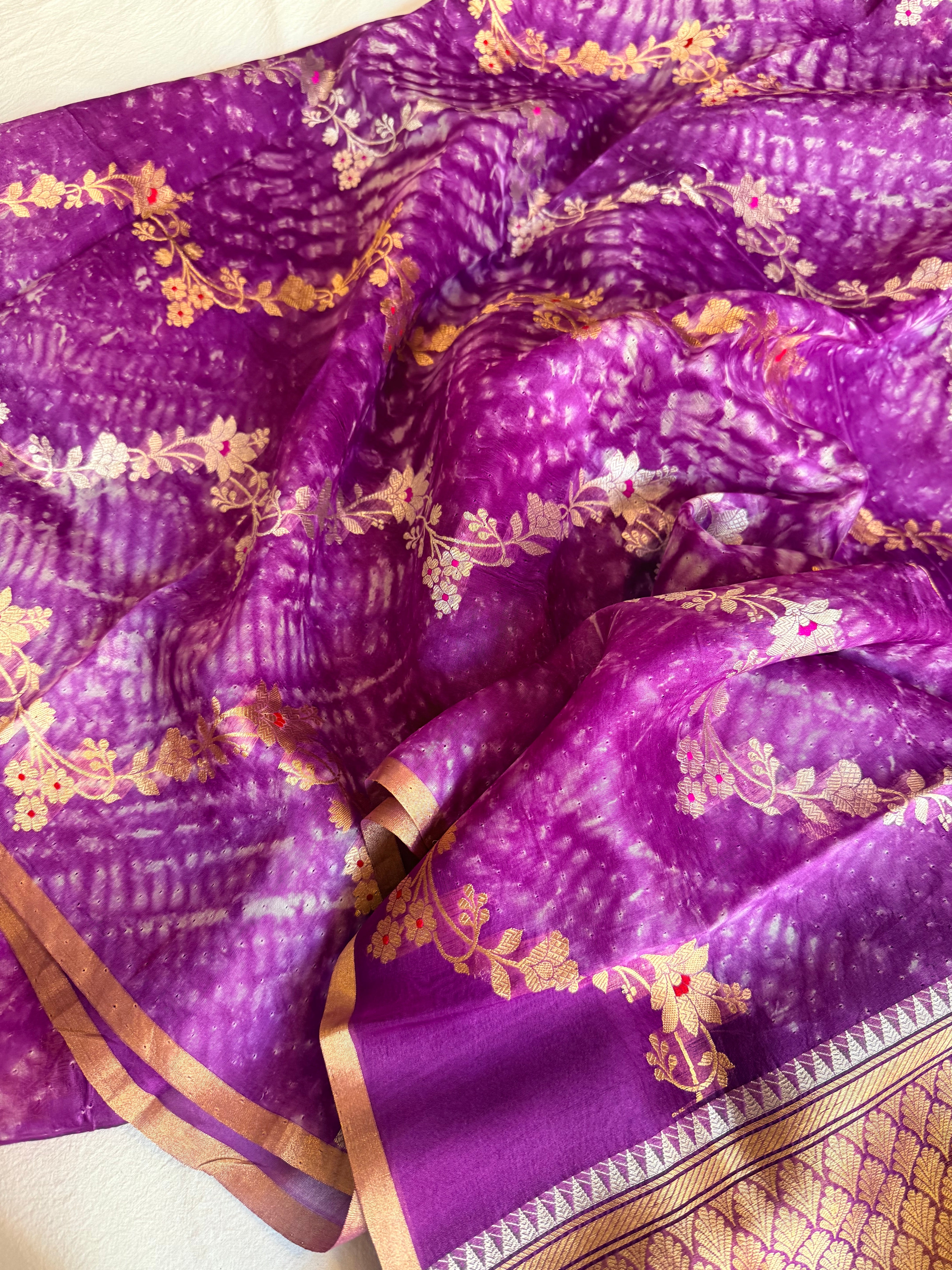 Shibori edit - Banarasi kora silk kadhwa buti shibori hand dyed saree