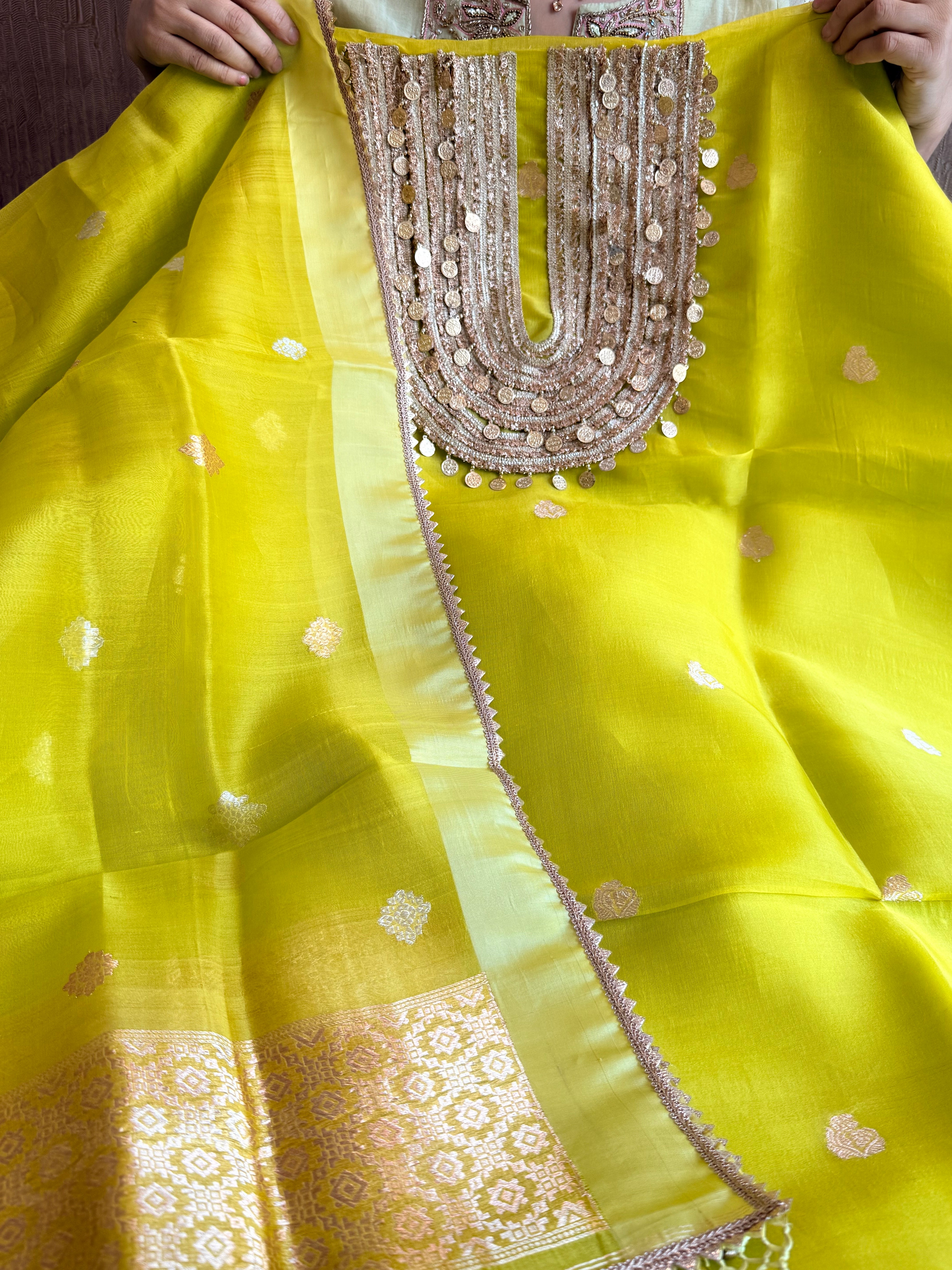 Coinwork banarasi kora silk lemon green kadhwa suit set