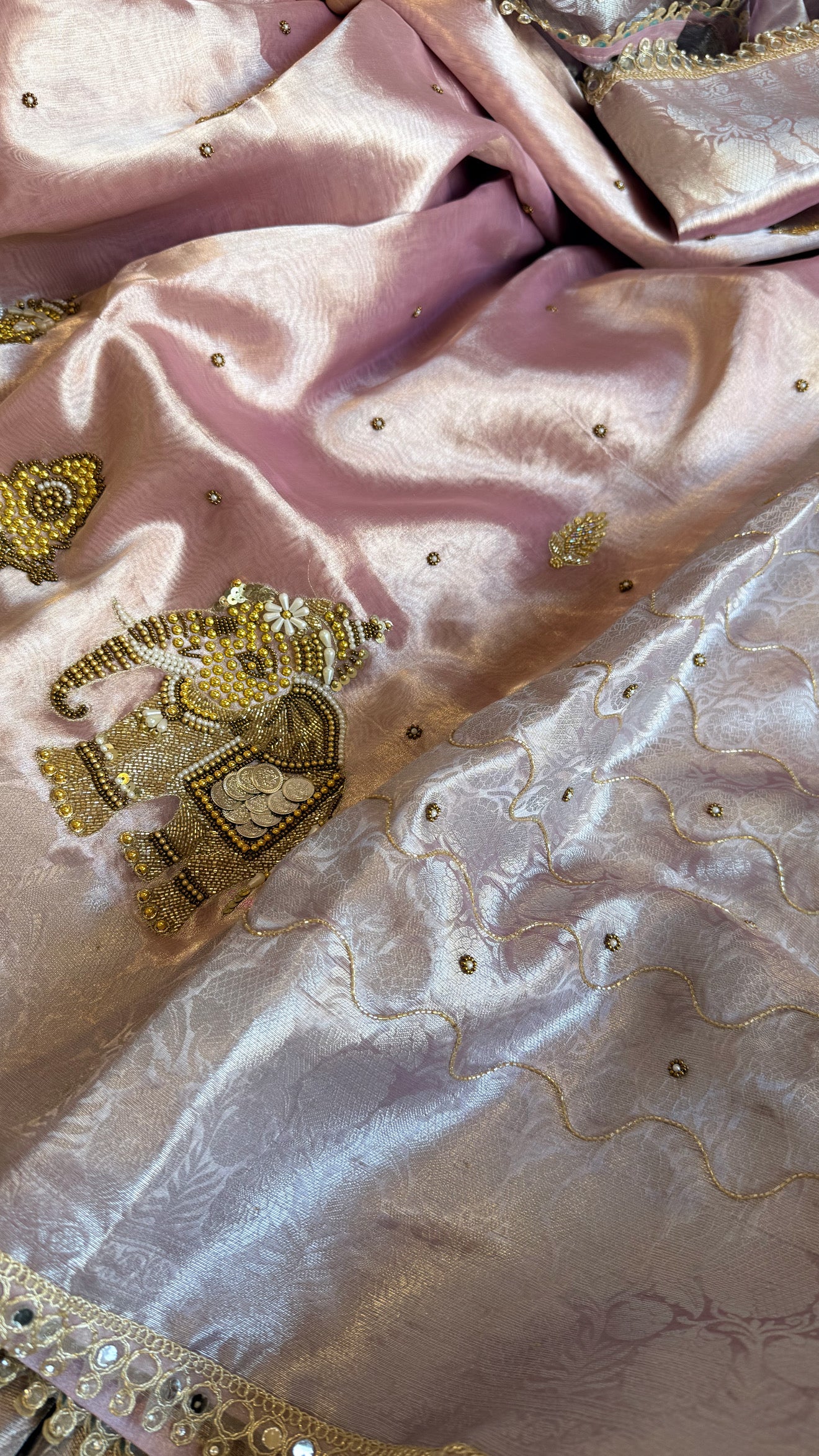 Gulabi jadau saree - Rosy pink tissue silk jadau work hand embroidered saree