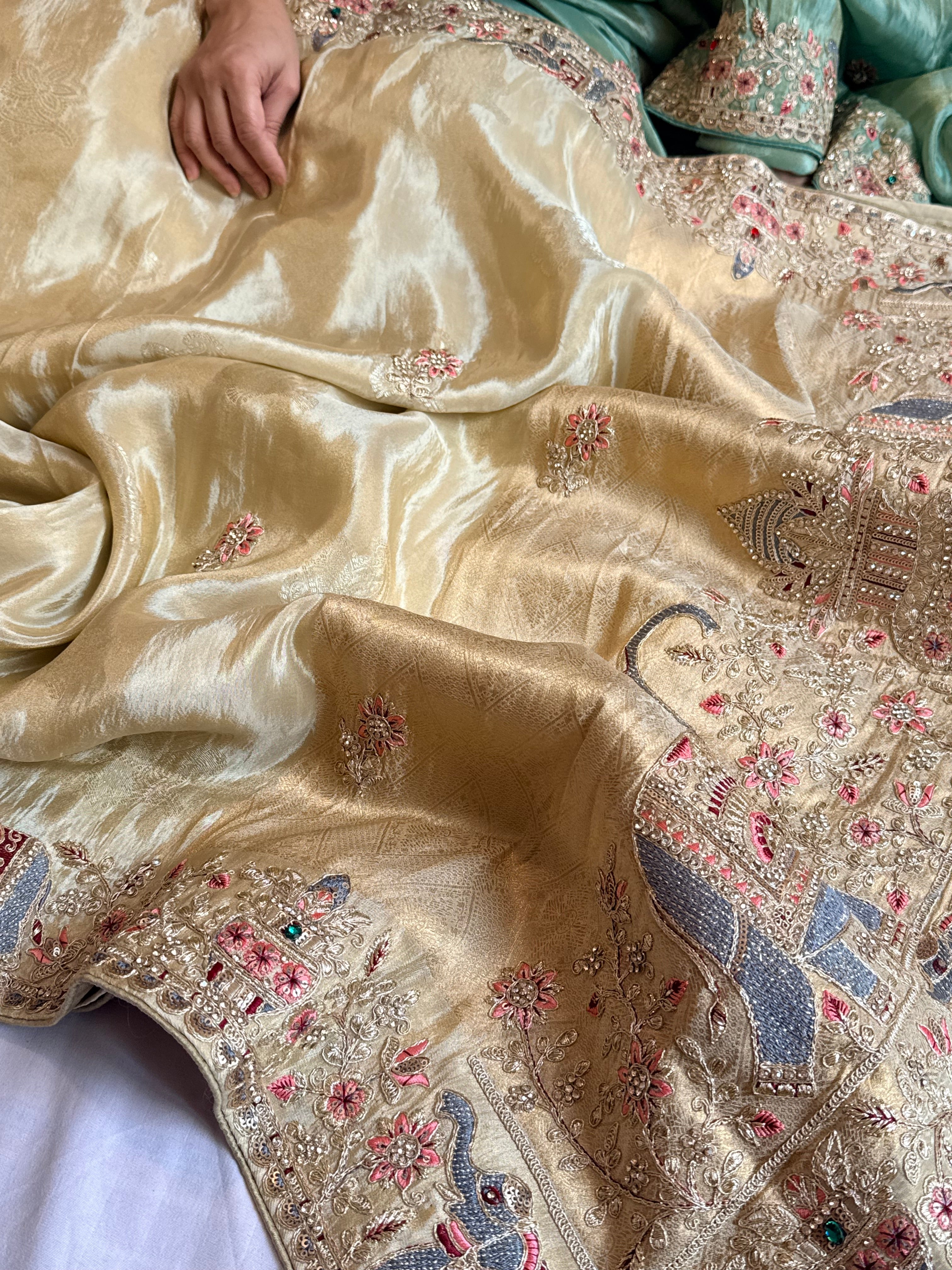 Champagne gold hathi wali crepe tissue embroidered saree