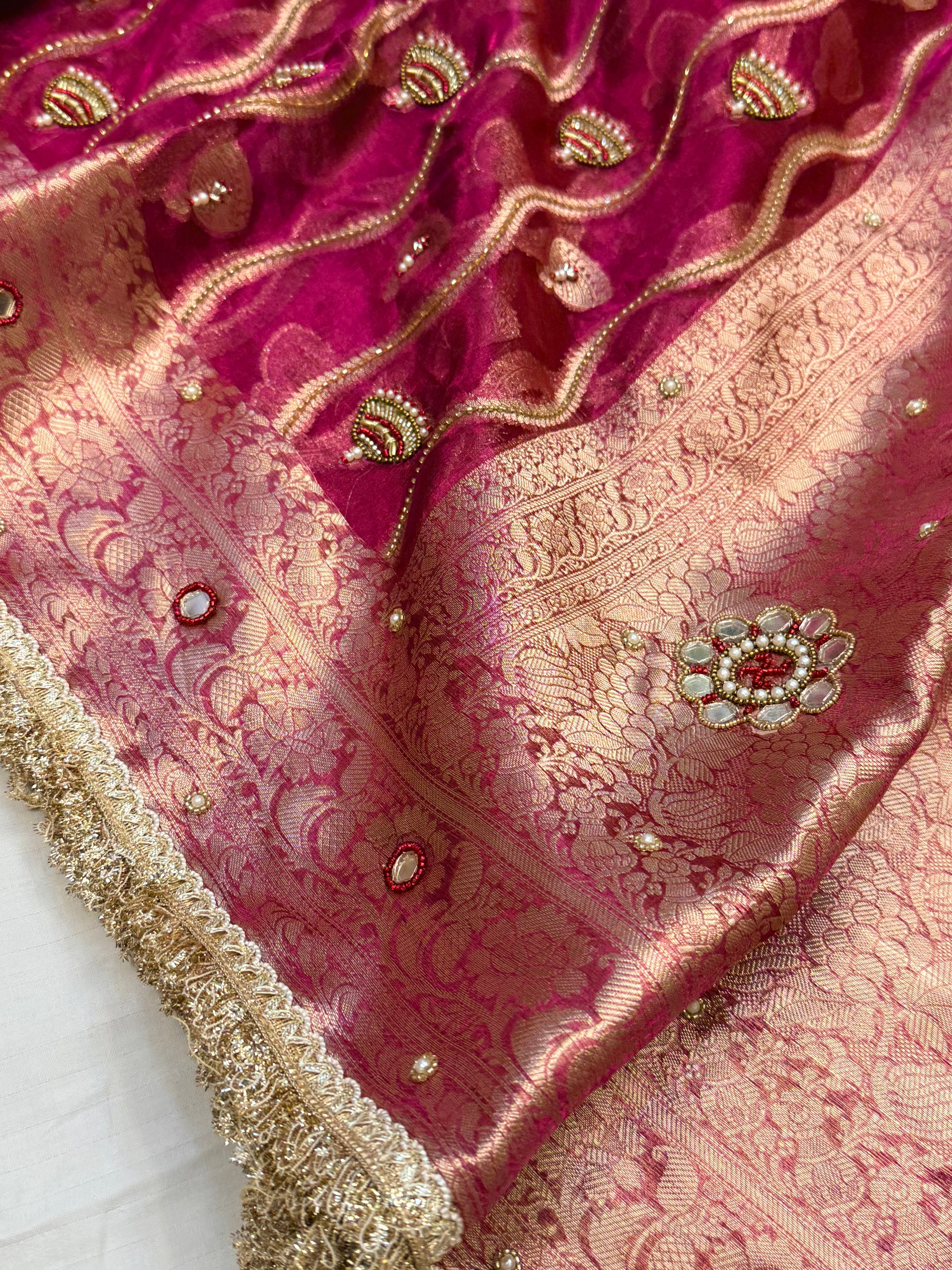 Hot pink metallic husn tissue silk jaalwork hand embroidered saree