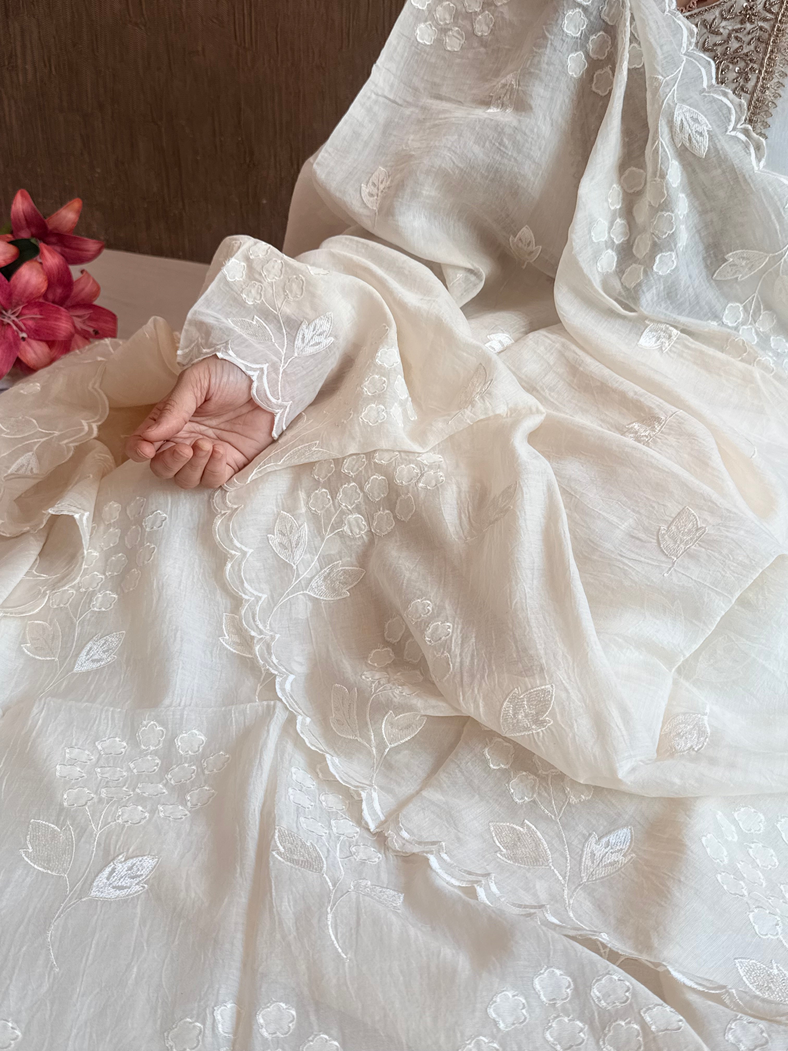 Alia bhatt inspired pearl white pink mulmul appliqué work suit set