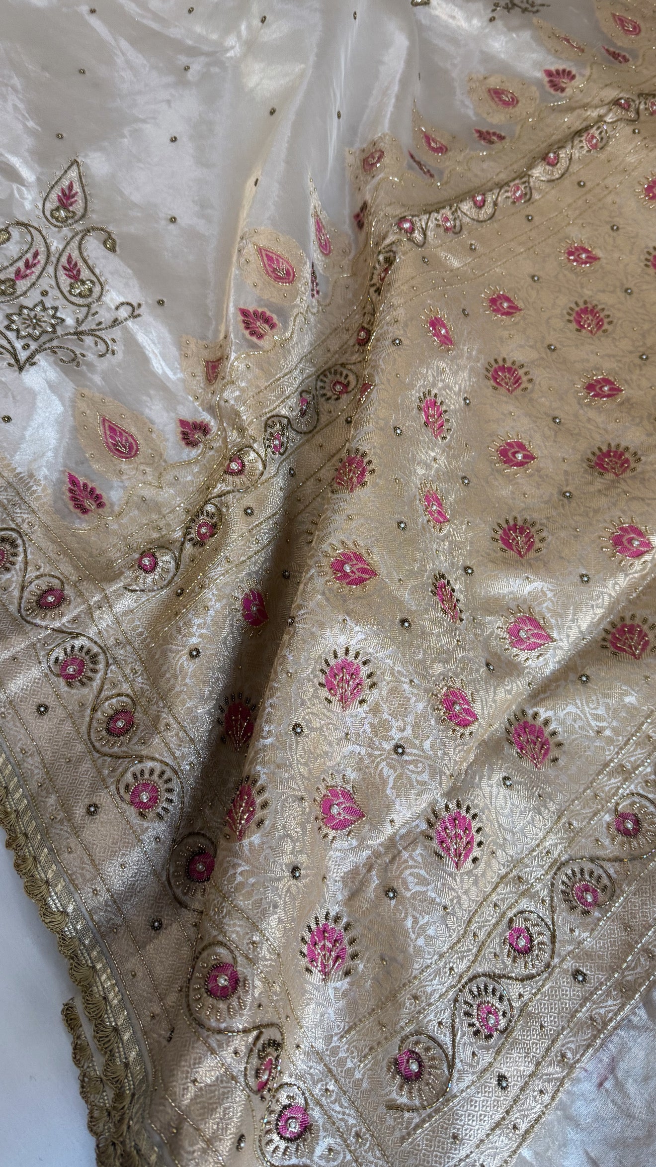 Moonlight silver diamond tissue silk pink meenakari hand embroidered kadhwa saree