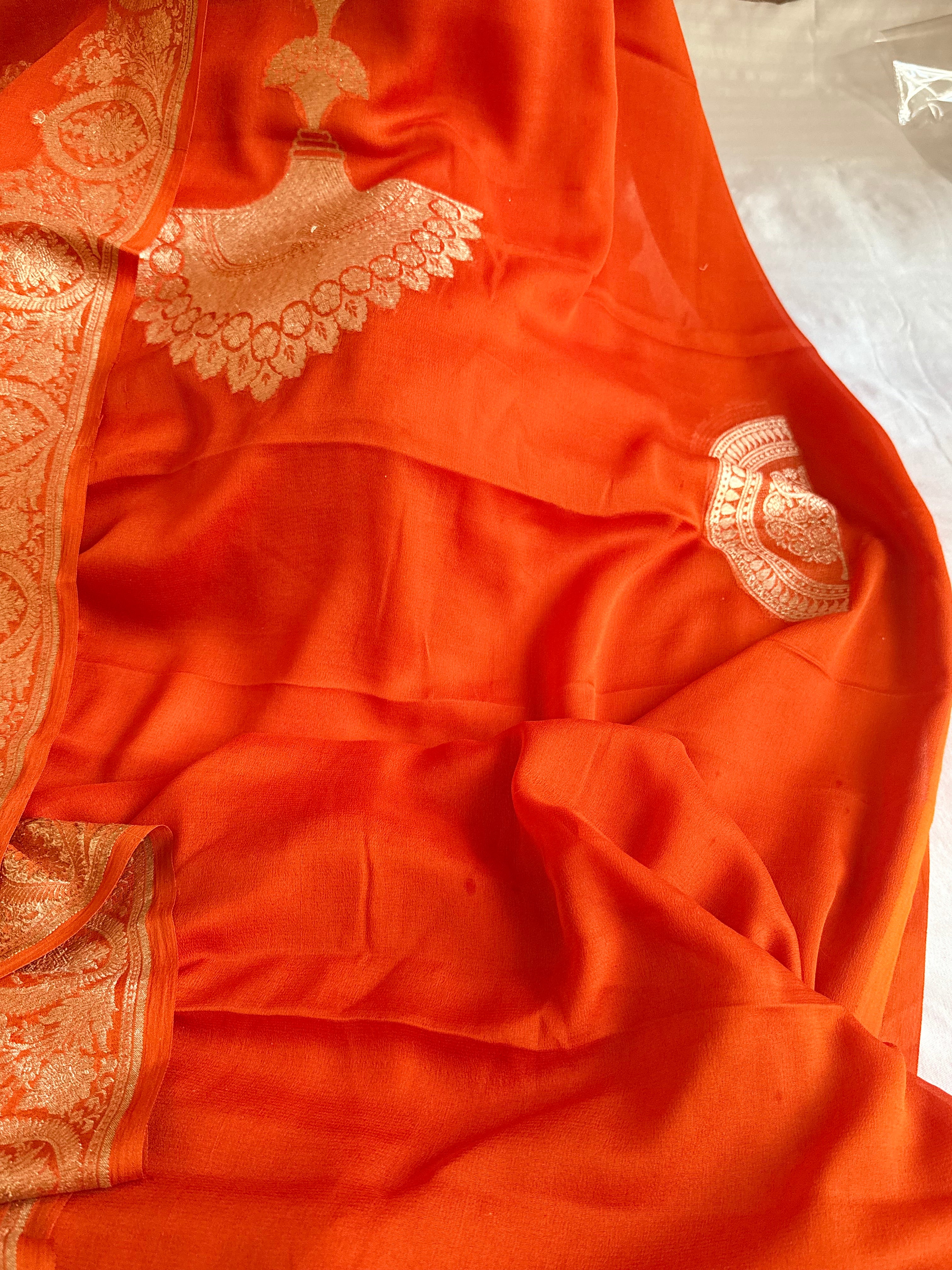 Neck & Pocket weaving - Chiffon gorgette fanta orange kadhwa weaving suit set