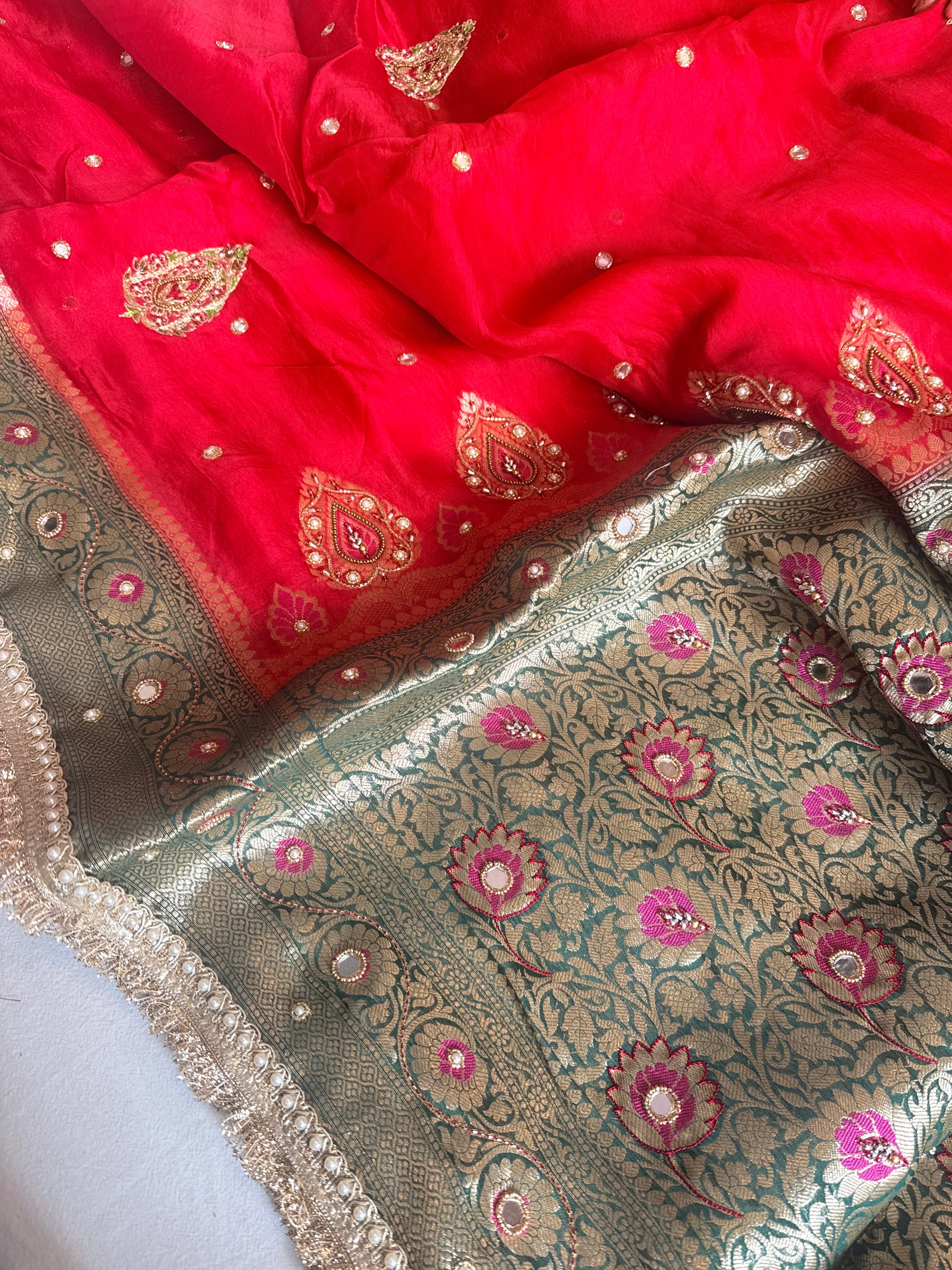 Husn ganga jamuna contrast border kora silk hand embroidered saree