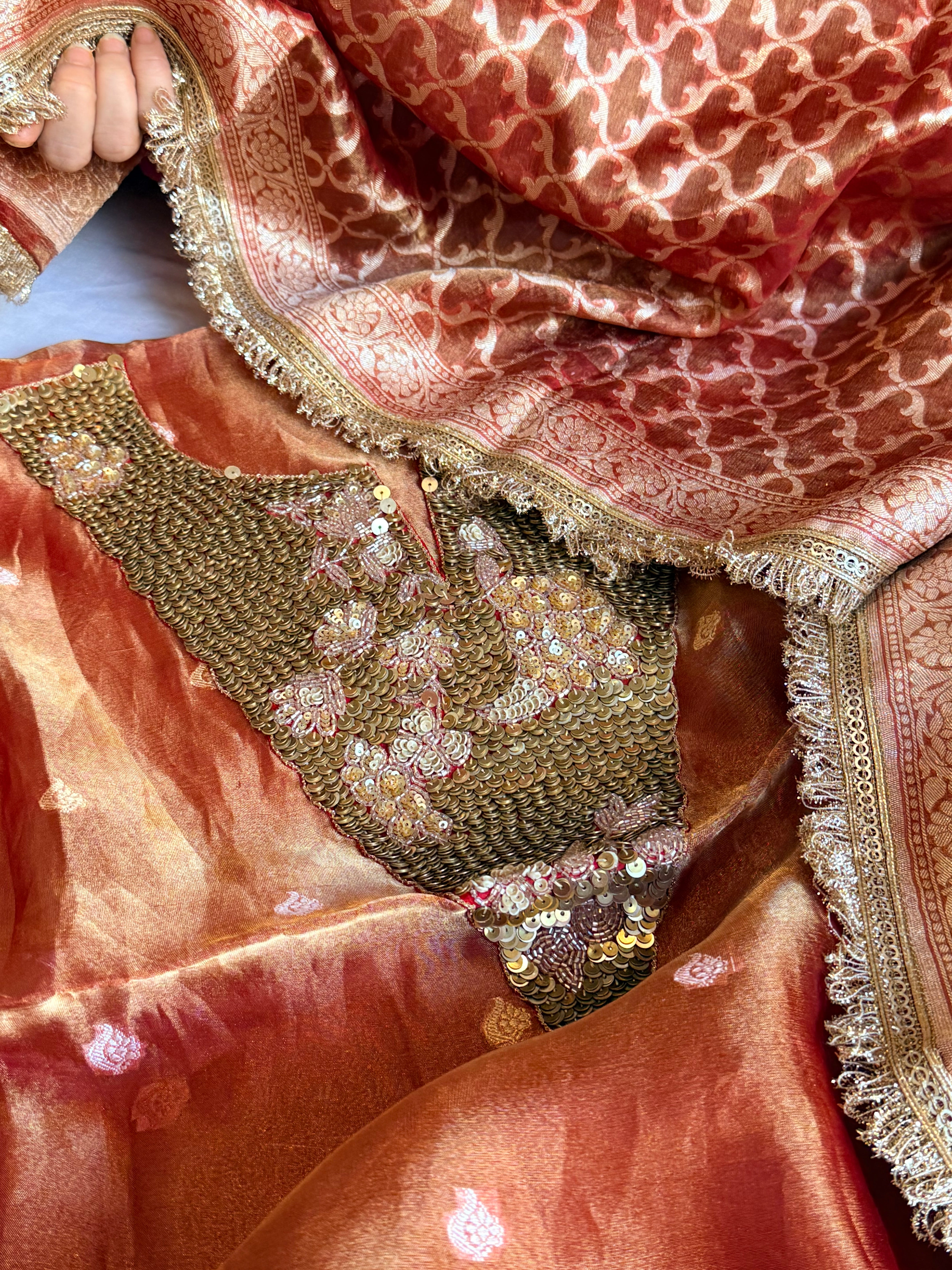Karwachauth edit tissue silk sequins work hand embroidered suits
