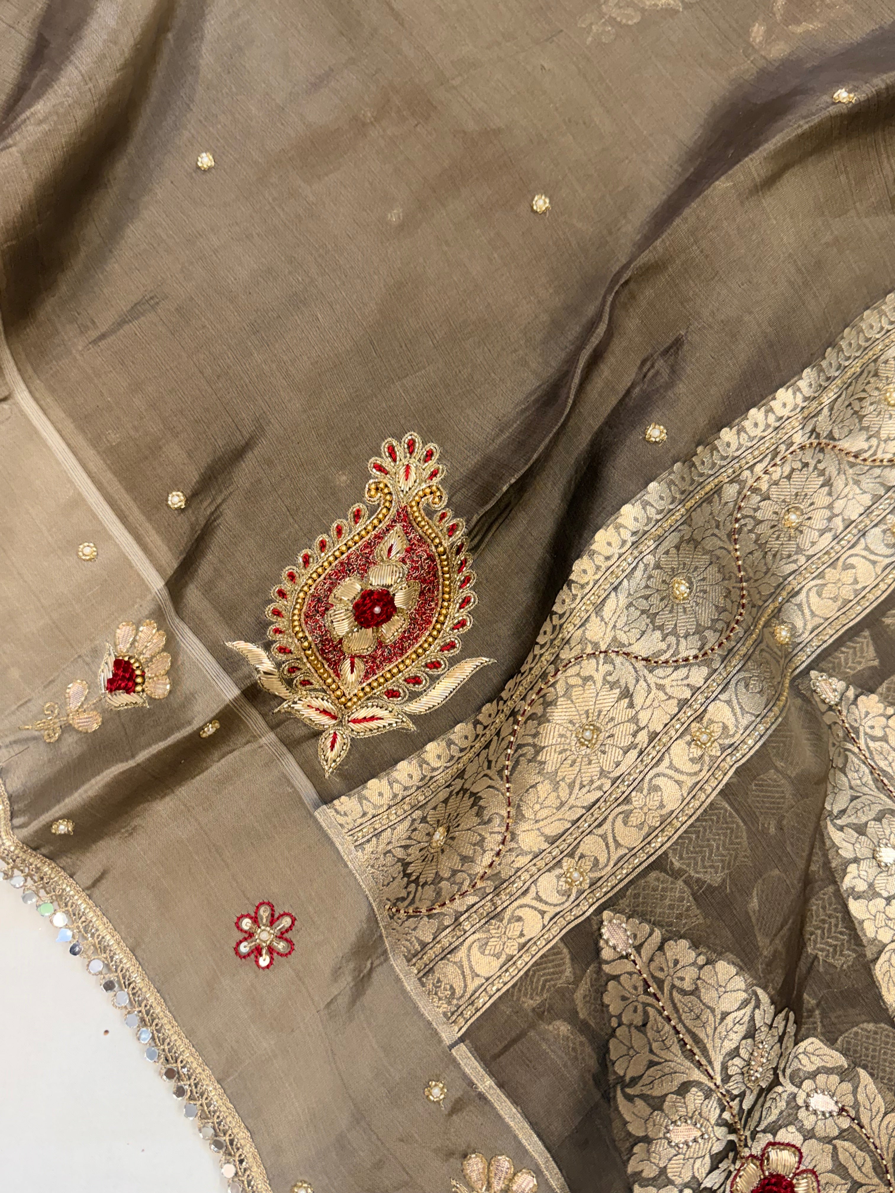 Metal grey tissue silk hand embroidered kadhwa saree