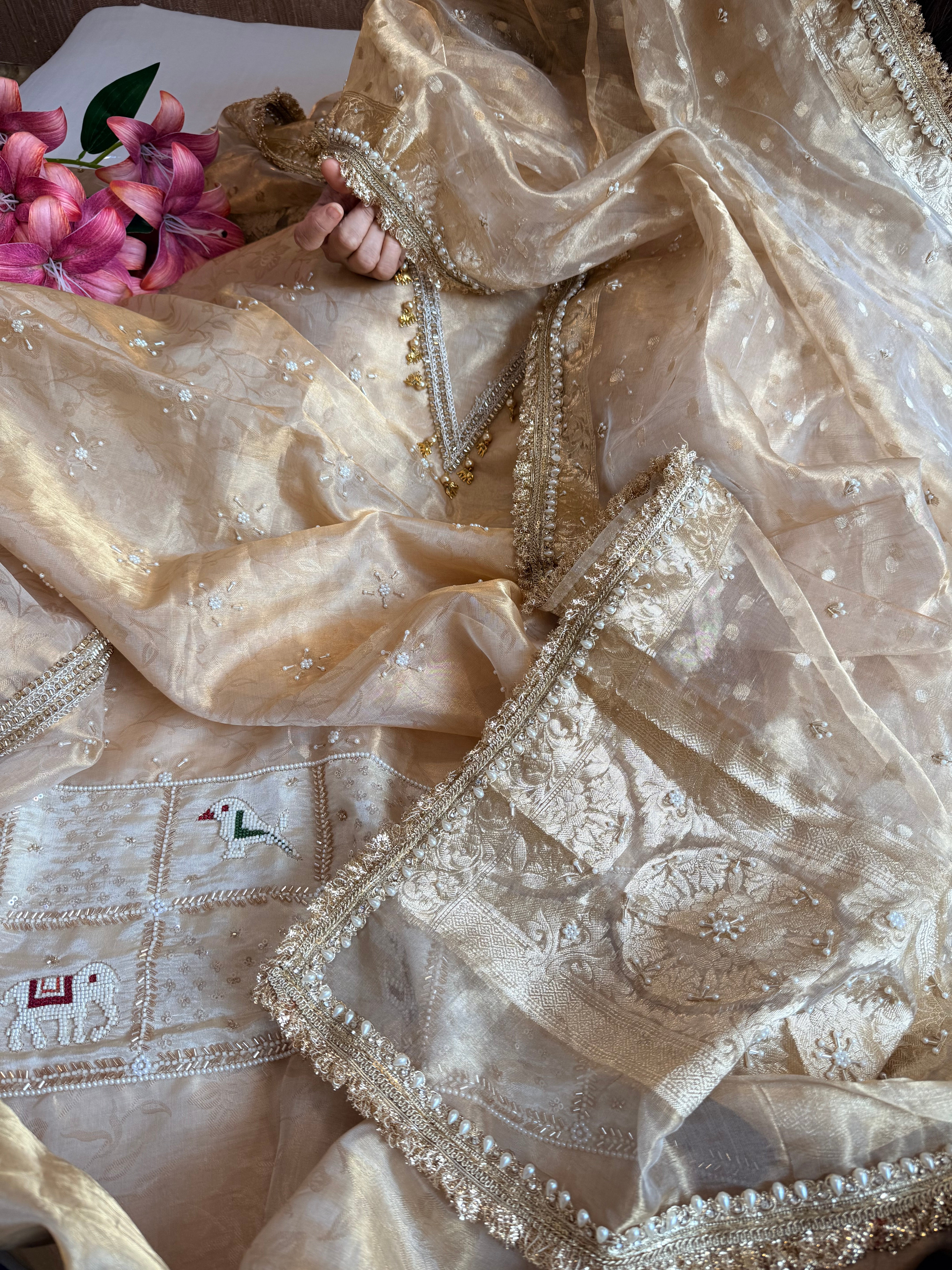 Butter gold patola patchwork hand embroidered tissue silk suit set available on preorder of 10-15 days