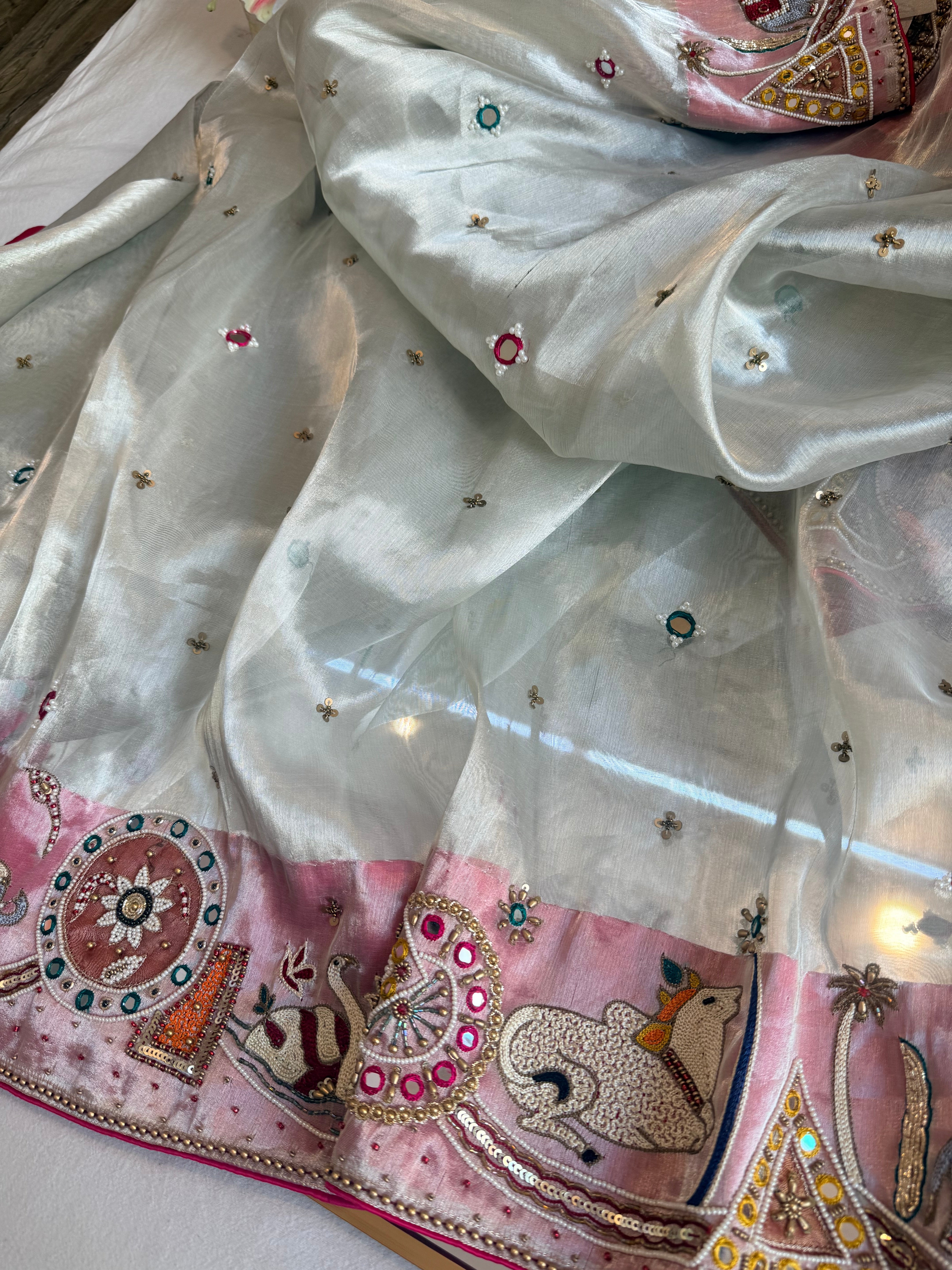 Sufi night saree - Diamond tissue silk kutchi meenakari work hand embroidered saree