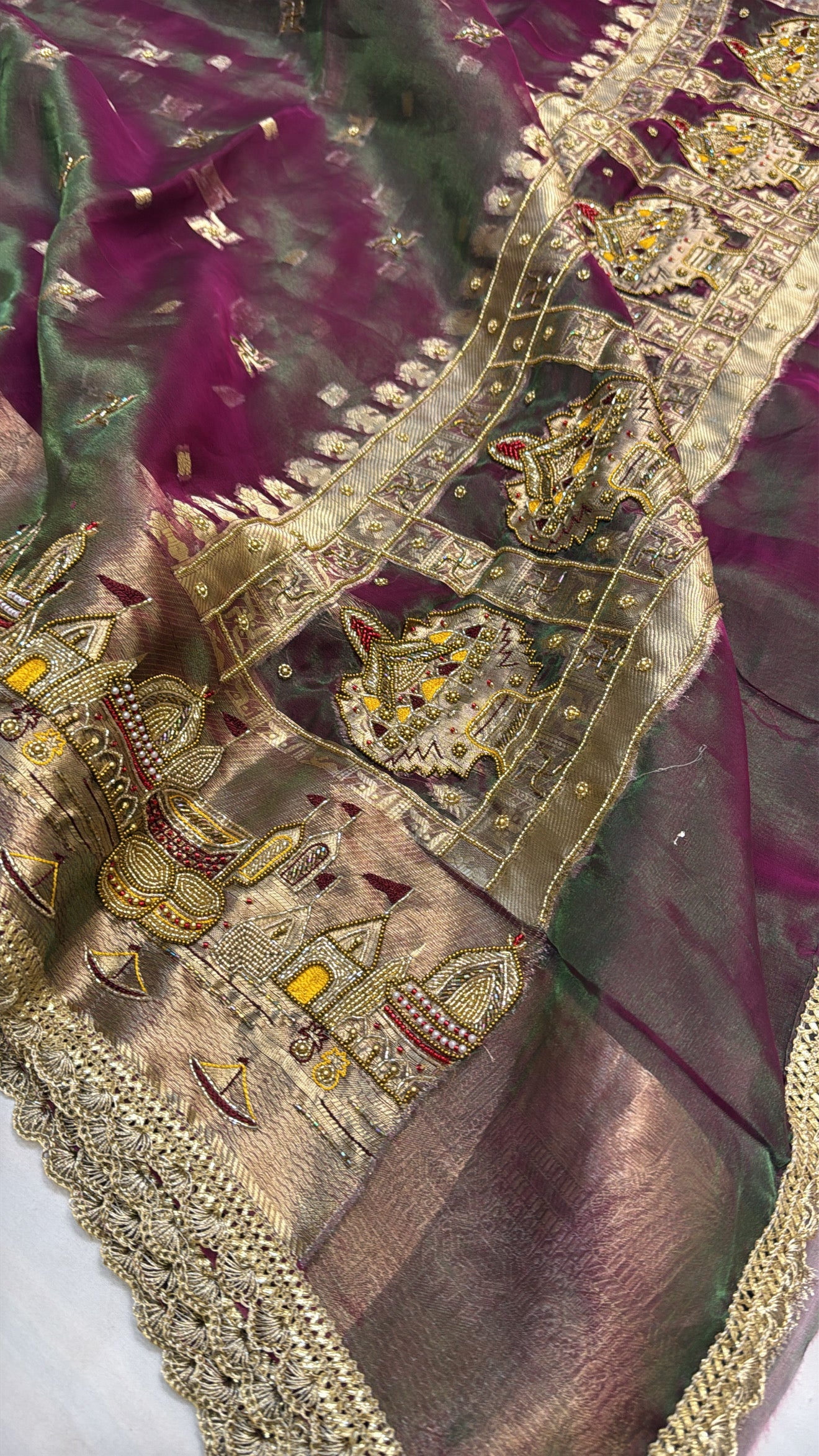 Gangaghat edit pinkish green dhup chao effect hand embroidered saree