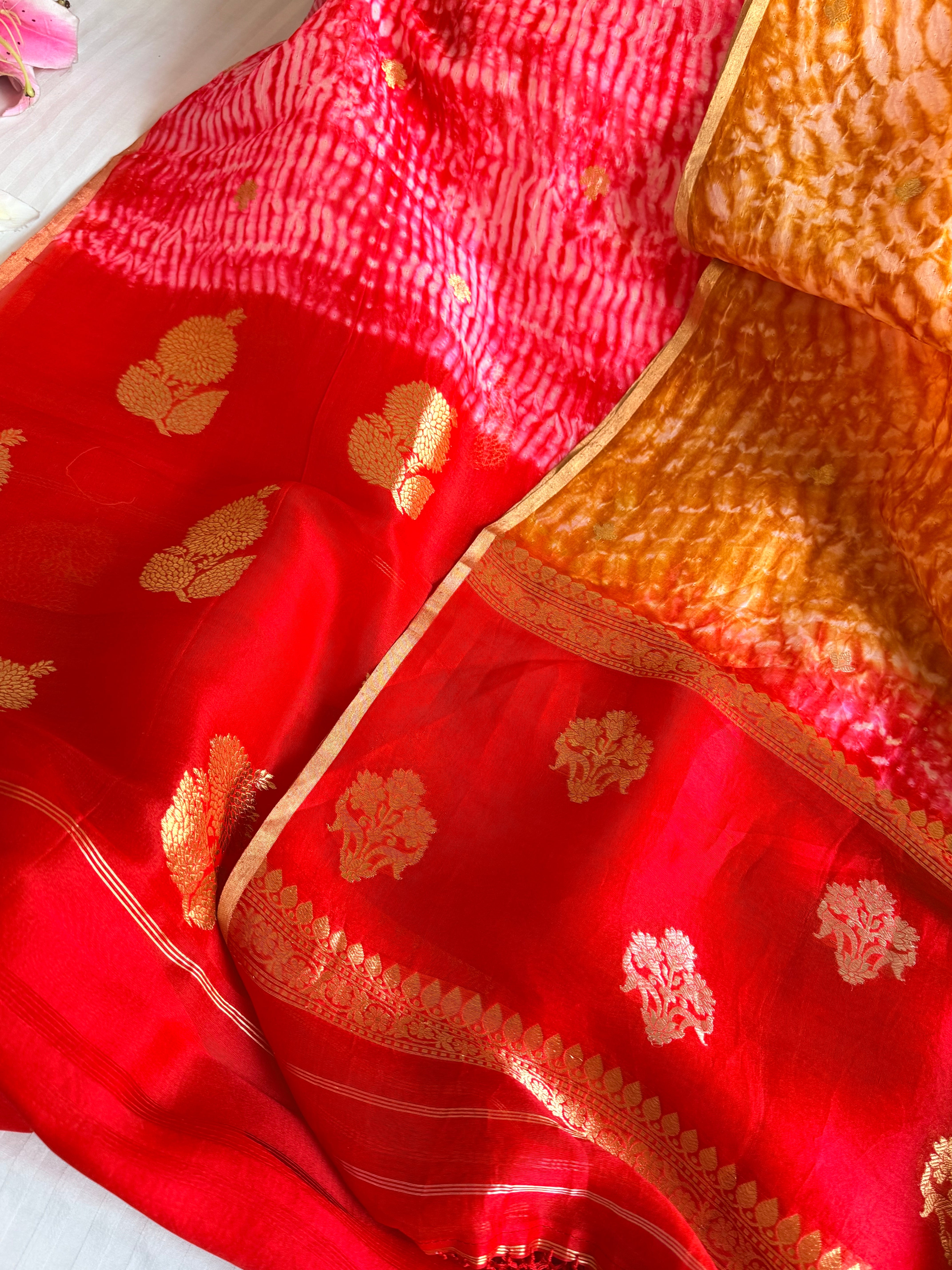 Shibori dye banarasi kora silk red-mustard orange kadhwa buti suit set