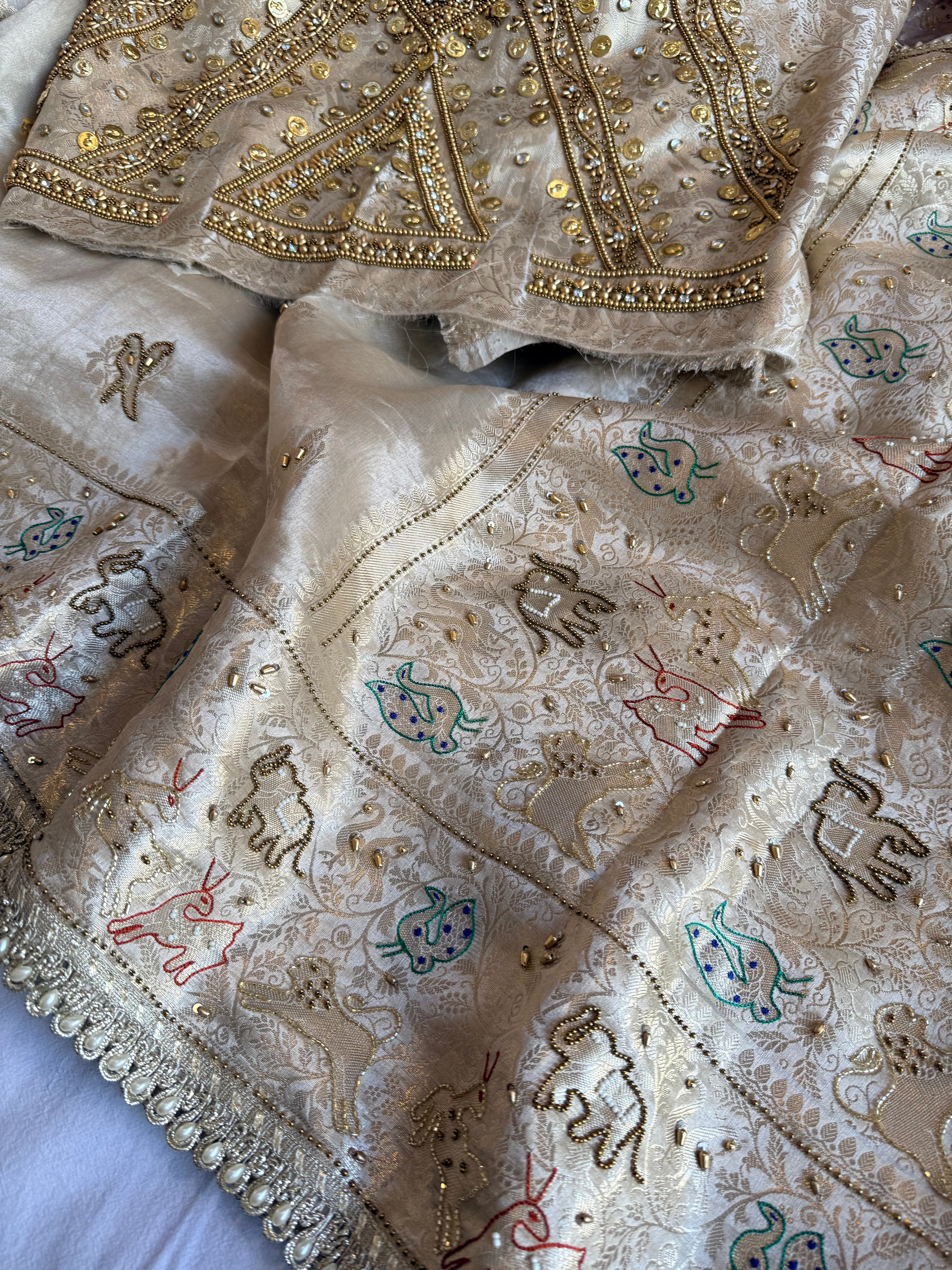 Vrindavan edit saree - Champagne gold diamond tissue silk hand embroidered jadau work saree