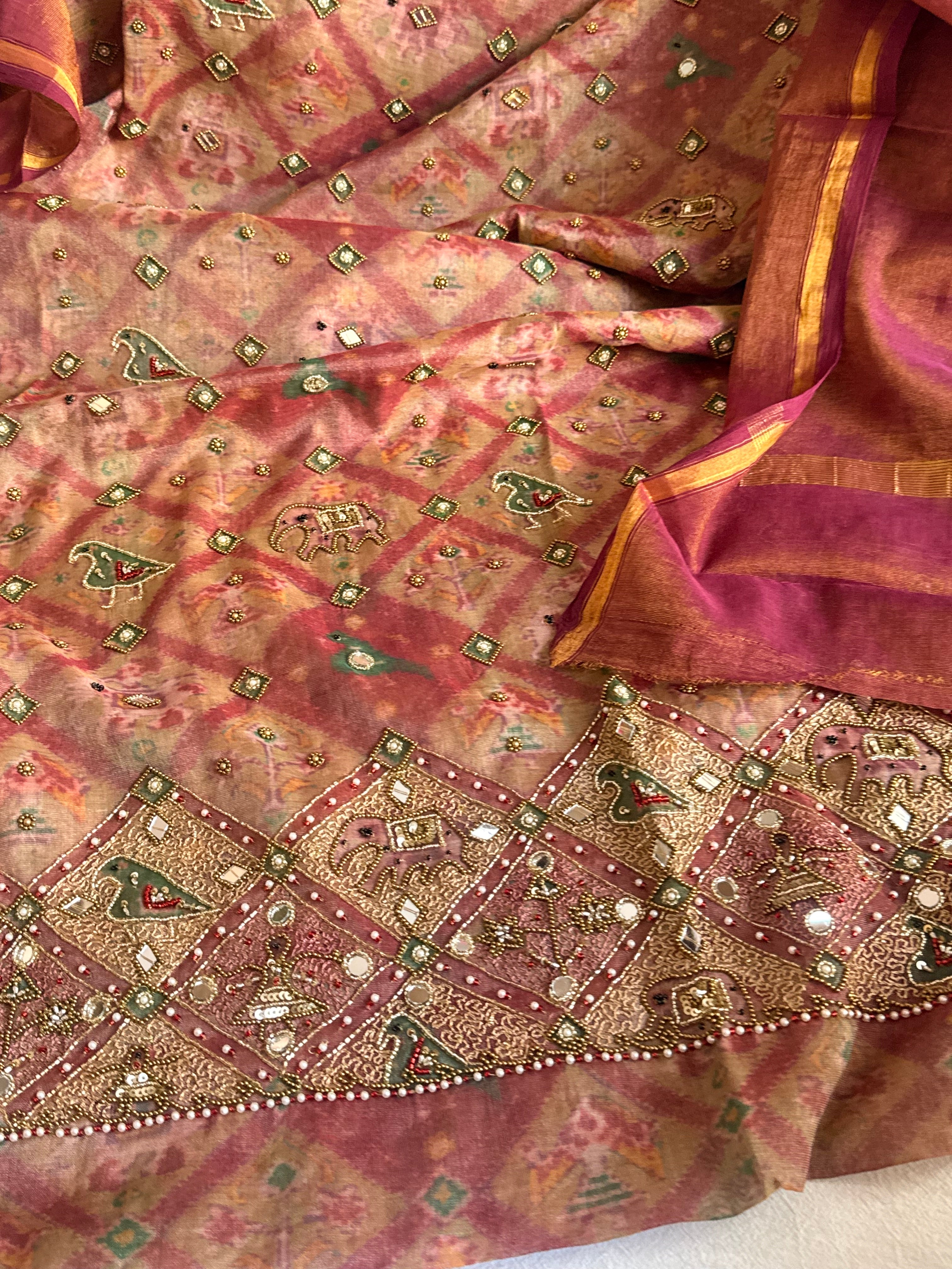 Patola weaving hand embroidered mul cotton tissue suit sets